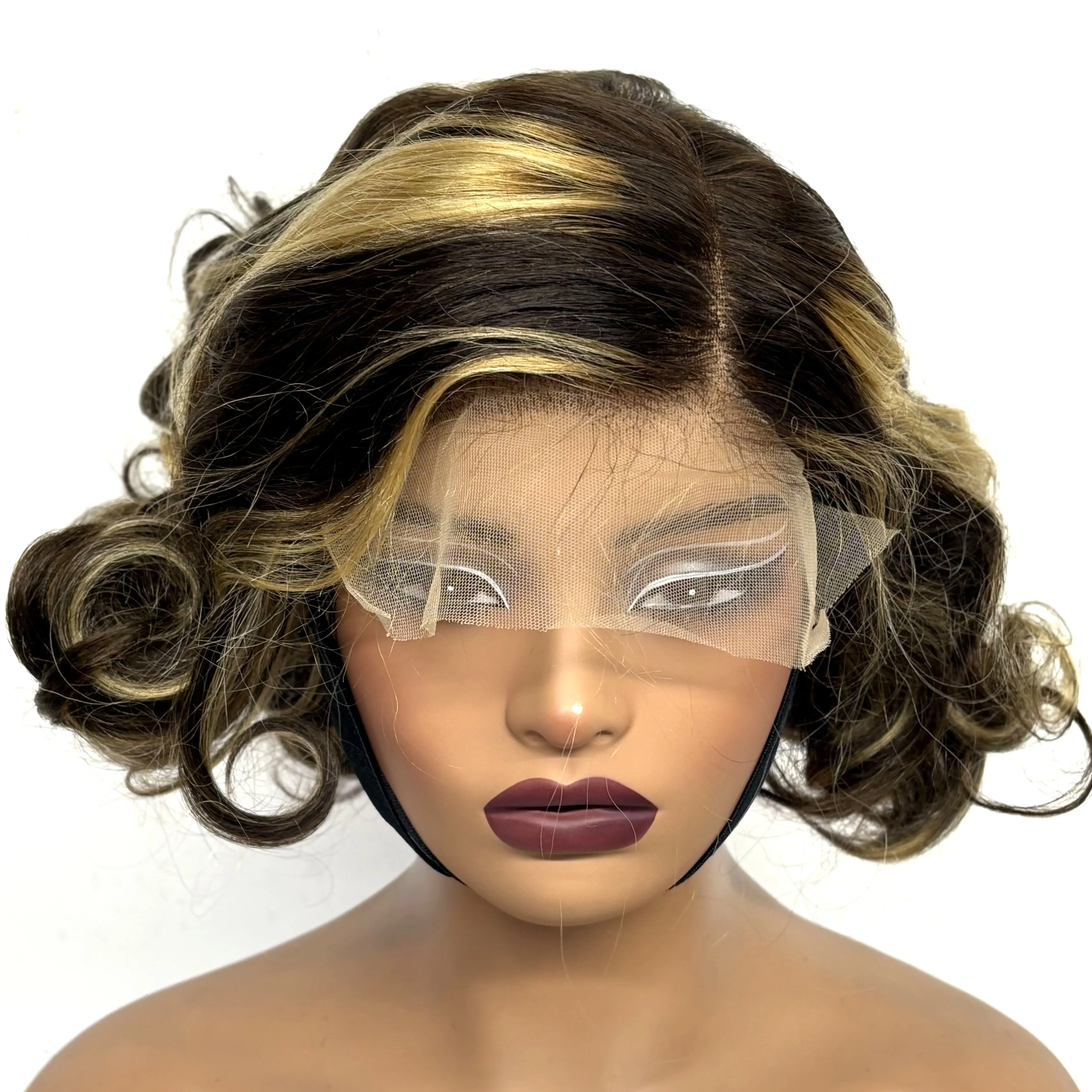 12inch 5x5 Transparent Lace Closure Blonde 613# Loose Wave Human Hair Wigs 280% Density Short Bouncy Curly Bob Wigs for Women