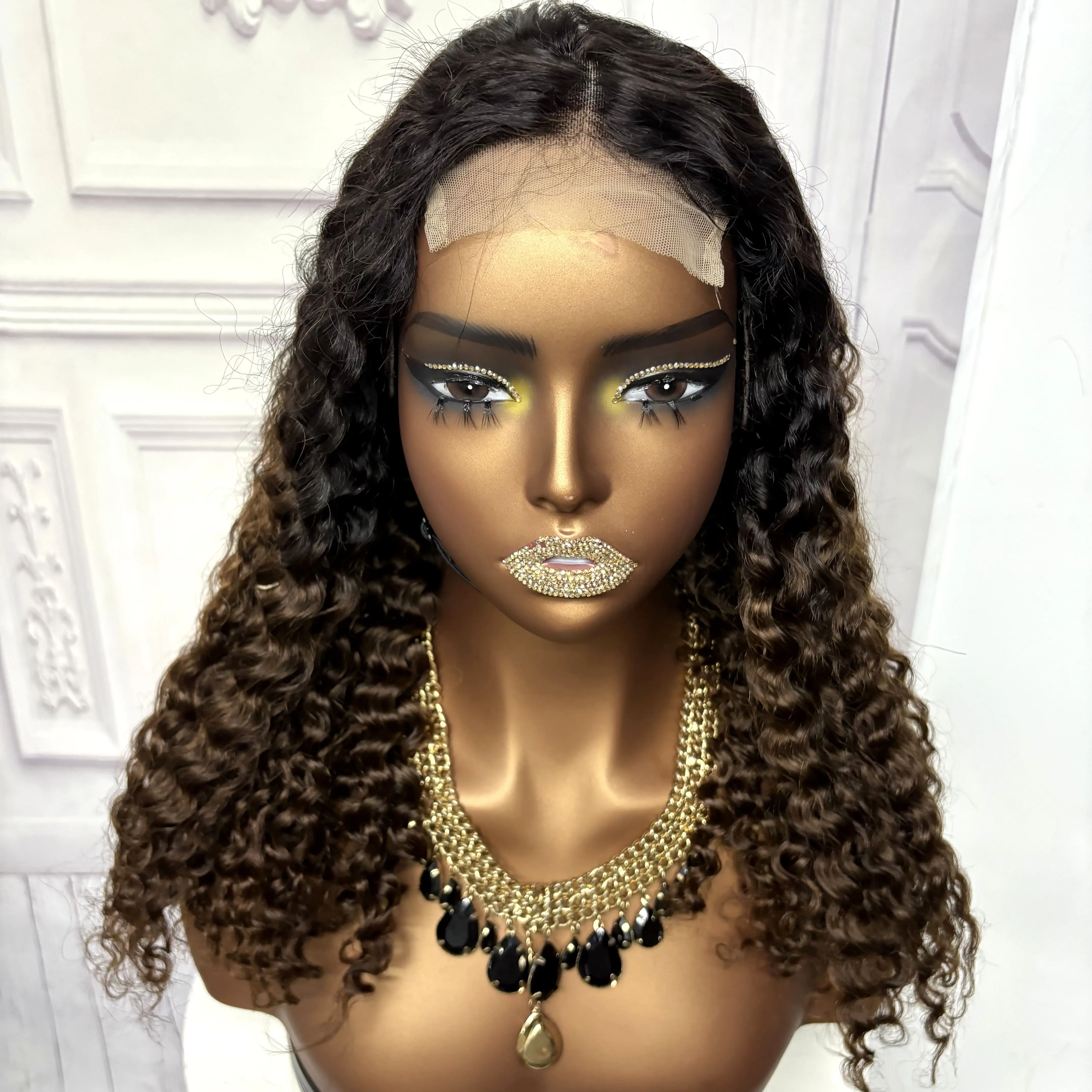 22inch Ombre Brown Water Wave Human Hair Wig 280% 4x4 Transparent Lace Closure Colored Deep Wave Curly Hair Wigs For Black Women