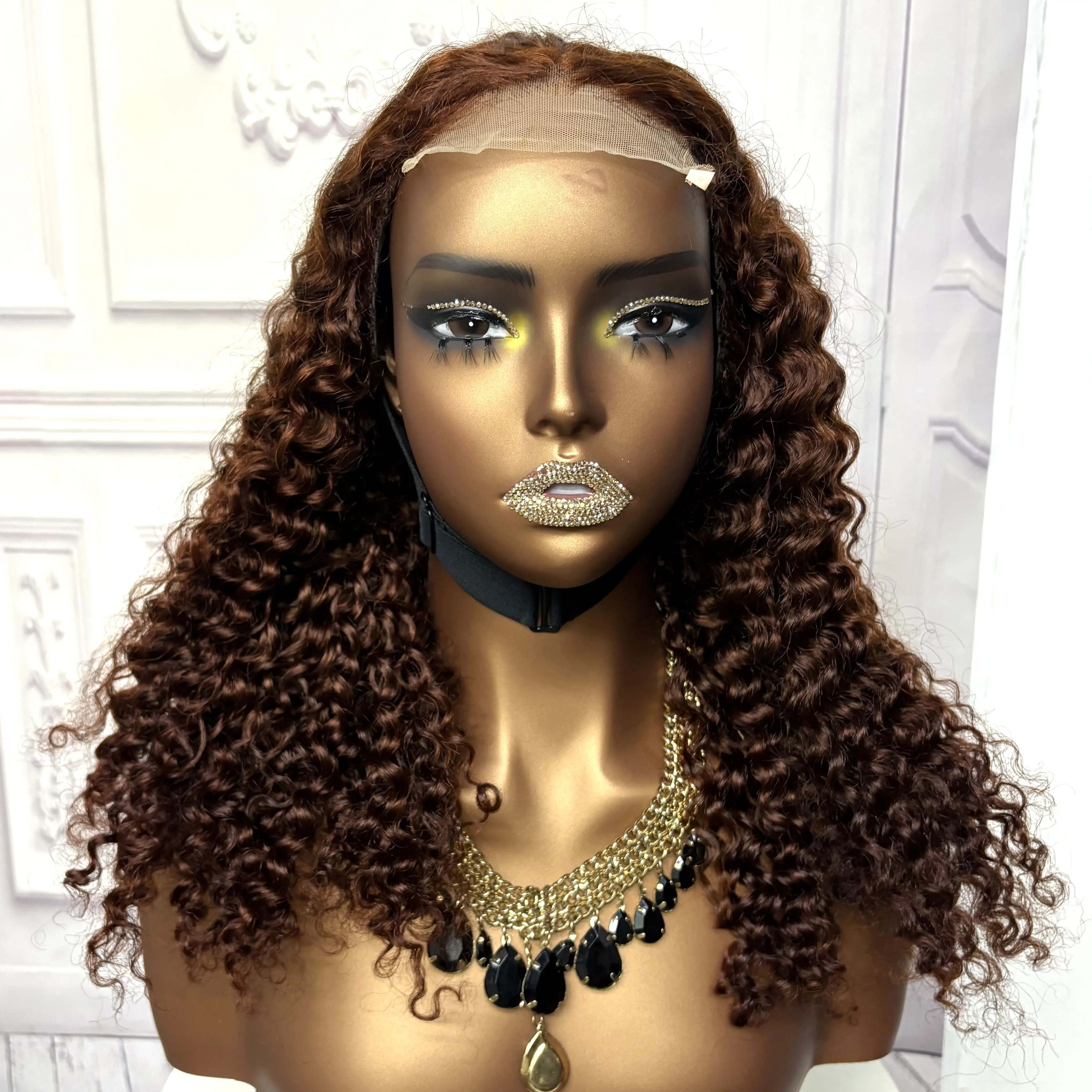 22inch Ombre Brown Water Wave Human Hair Wig 280% 4x4 Transparent Lace Closure Colored Deep Wave Curly Hair Wigs For Black Women