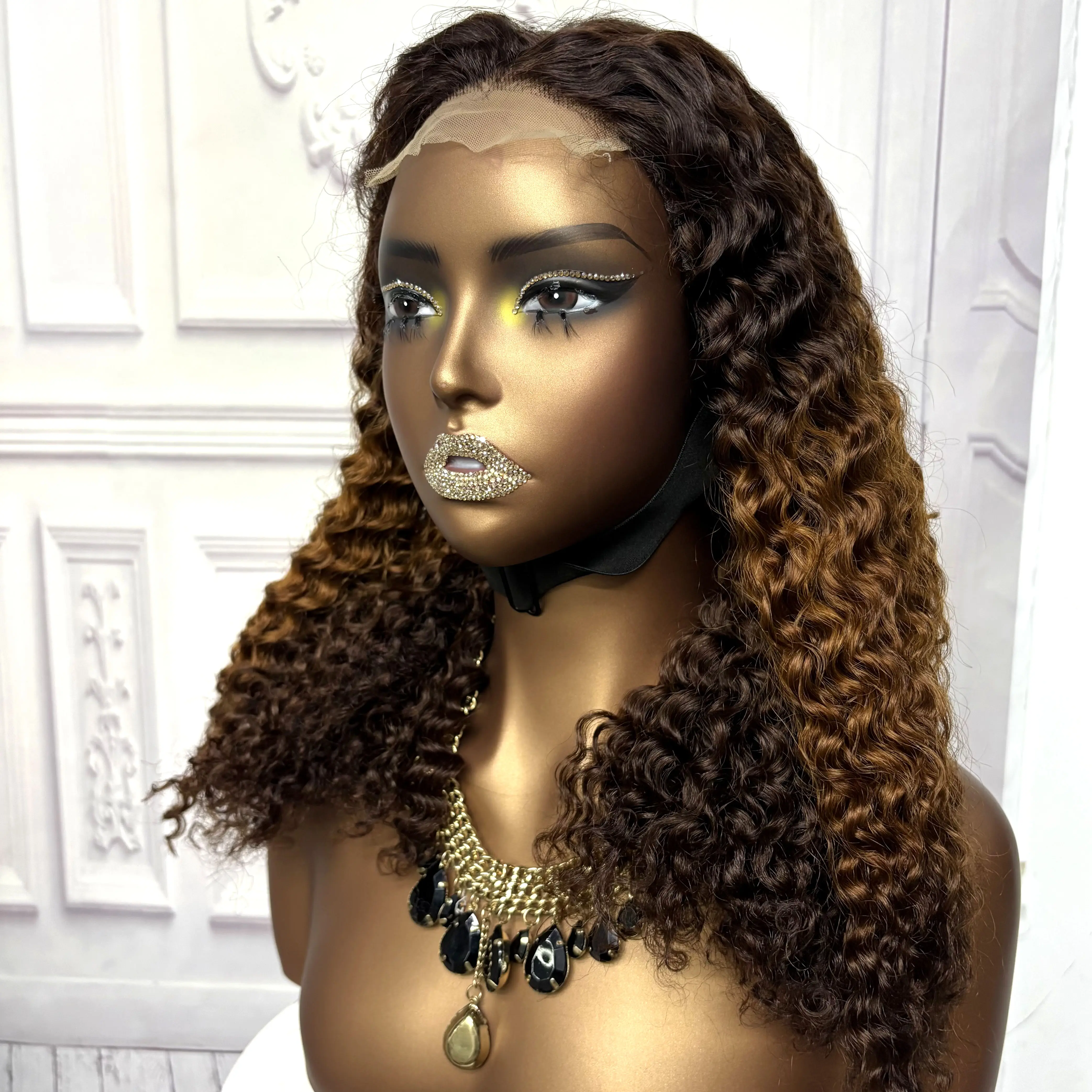 22inch Ombre Brown Water Wave Human Hair Wig 280% 4x4 Transparent Lace Closure Colored Deep Wave Curly Hair Wigs For Black Women