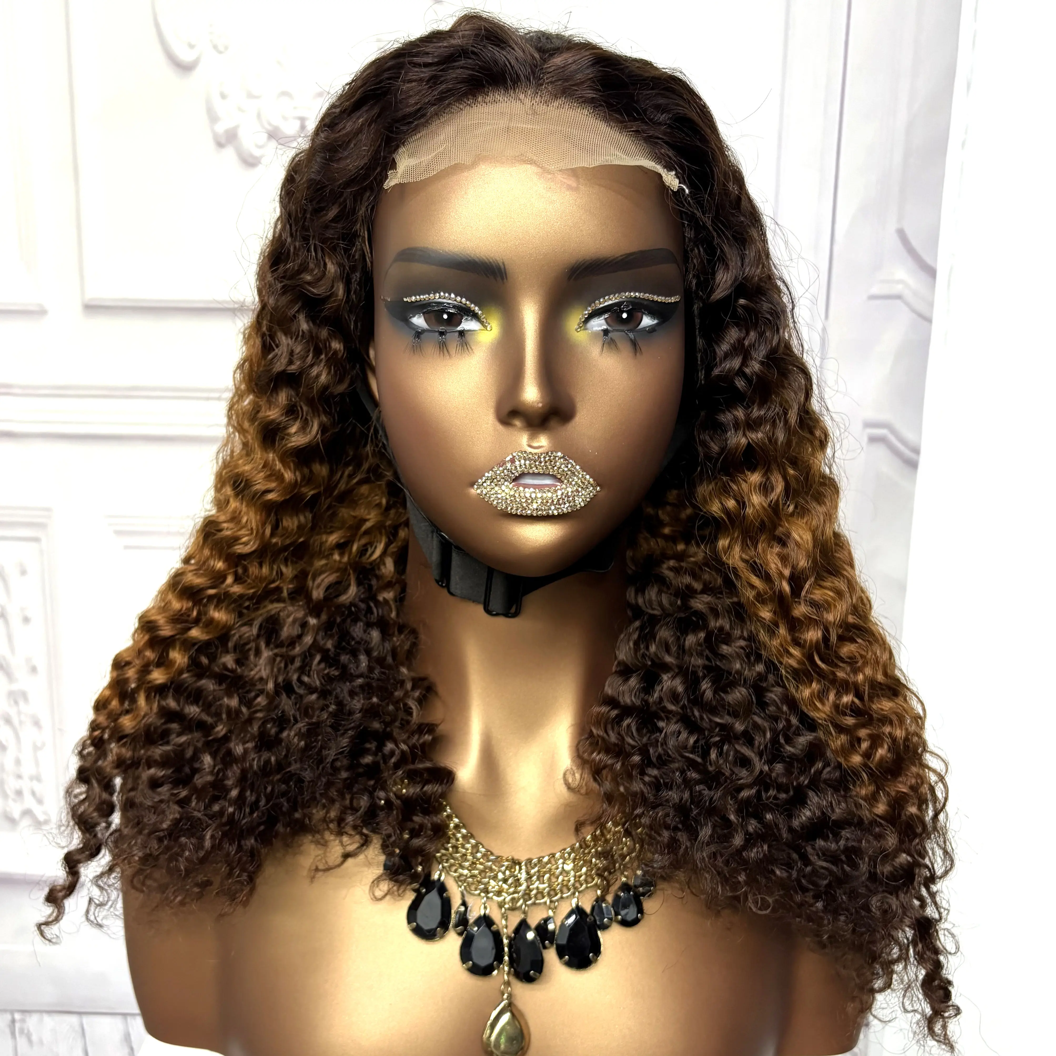 22inch Ombre Brown Water Wave Human Hair Wig 280% 4x4 Transparent Lace Closure Colored Deep Wave Curly Hair Wigs For Black Women