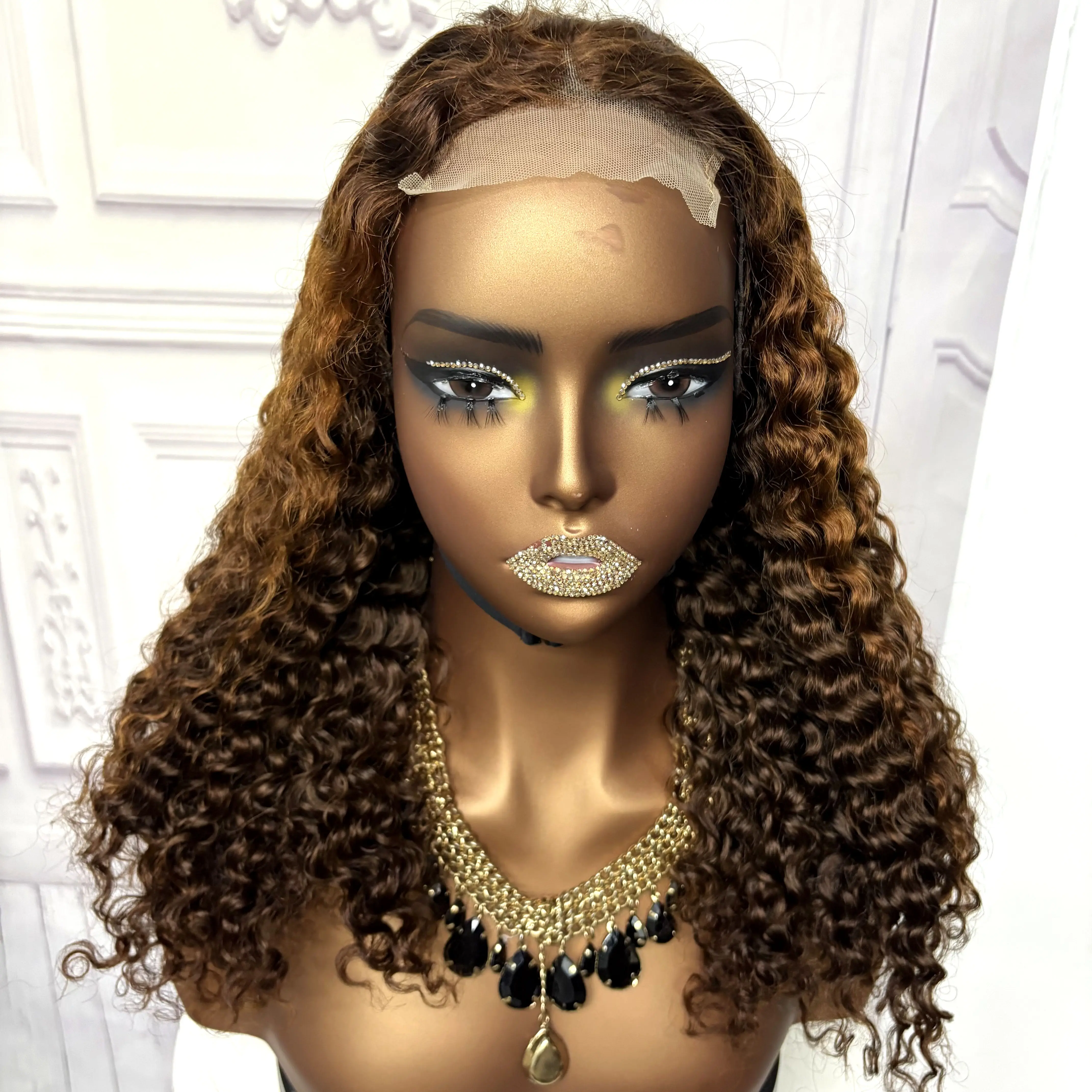 22inch Ombre Brown Water Wave Human Hair Wig 280% 4x4 Transparent Lace Closure Colored Deep Wave Curly Hair Wigs For Black Women