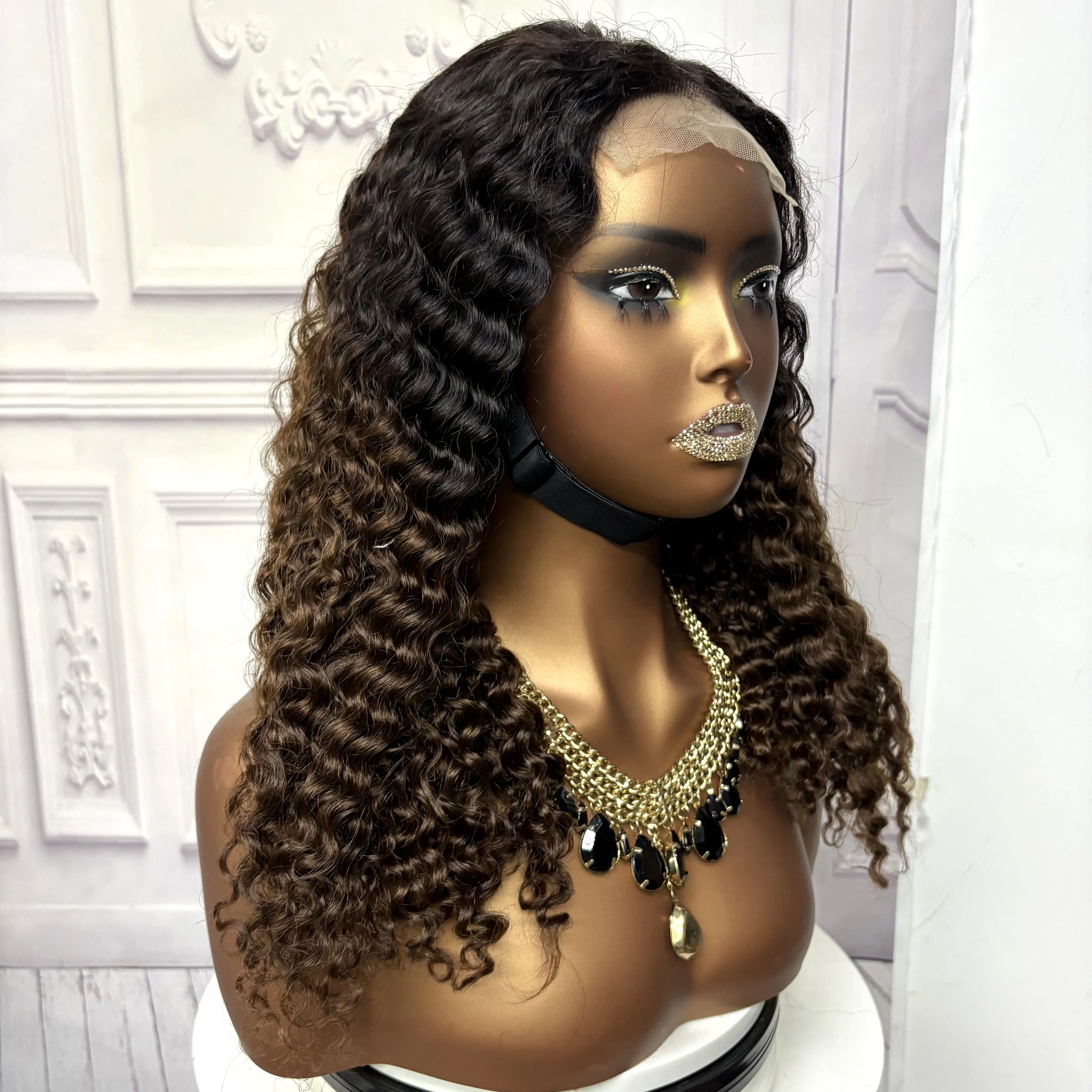 22inch Ombre Brown Water Wave Human Hair Wig 280% 4x4 Transparent Lace Closure Colored Deep Wave Curly Hair Wigs For Black Women