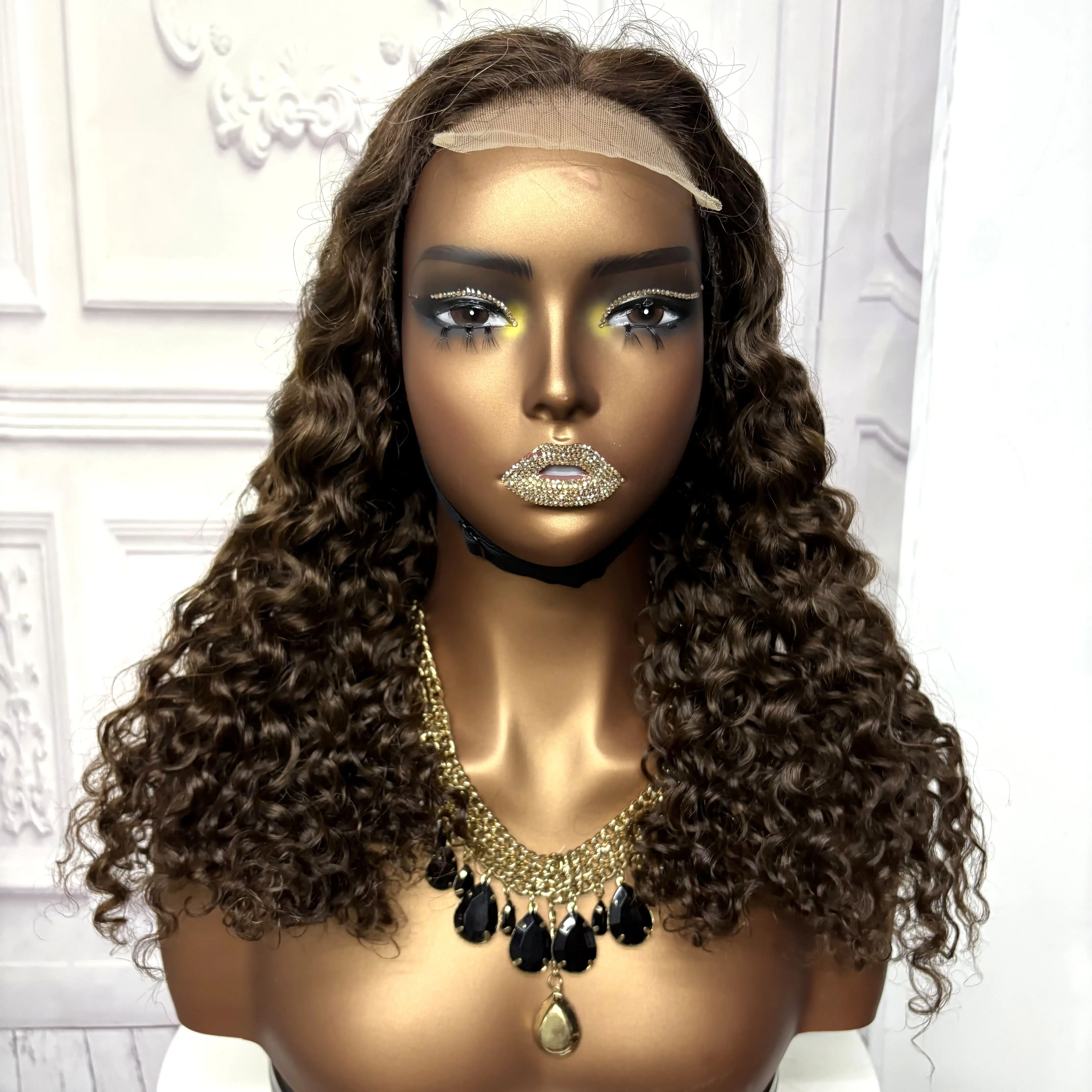 22inch Ombre Brown Water Wave Human Hair Wig 280% 4x4 Transparent Lace Closure Colored Deep Wave Curly Hair Wigs For Black Women