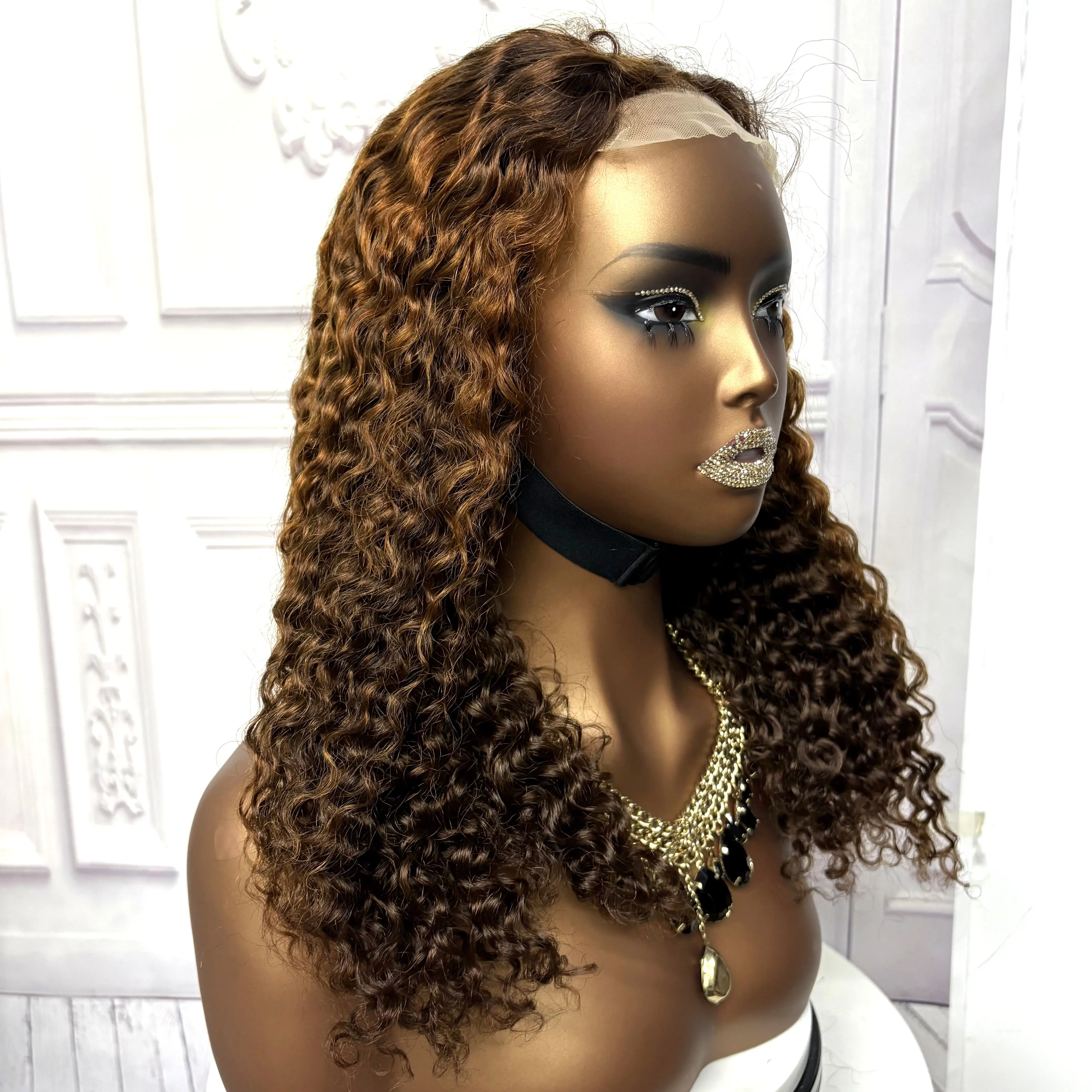 22inch Ombre Brown Water Wave Human Hair Wig 280% 4x4 Transparent Lace Closure Colored Deep Wave Curly Hair Wigs For Black Women
