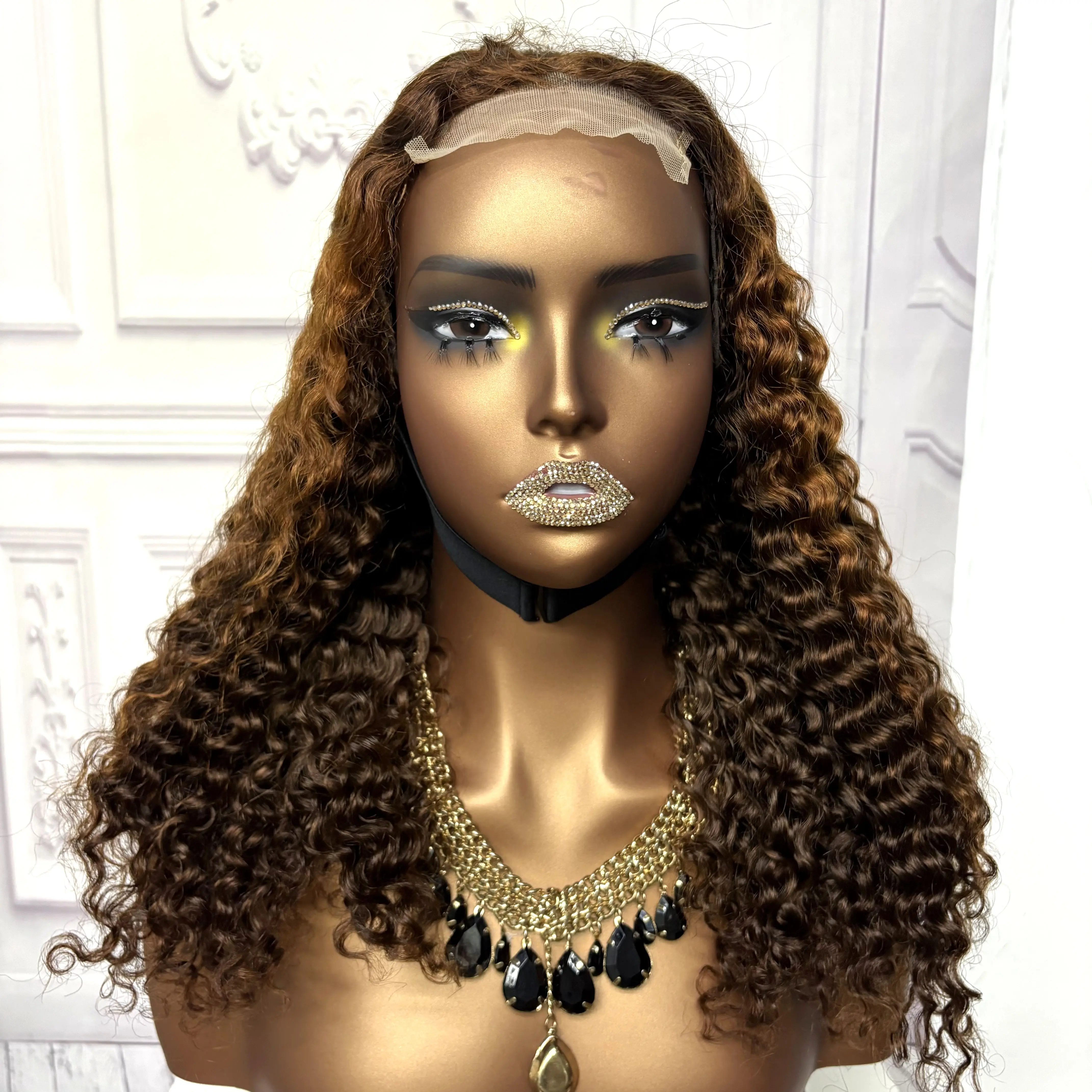 22inch Ombre Brown Water Wave Human Hair Wig 280% 4x4 Transparent Lace Closure Colored Deep Wave Curly Hair Wigs For Black Women