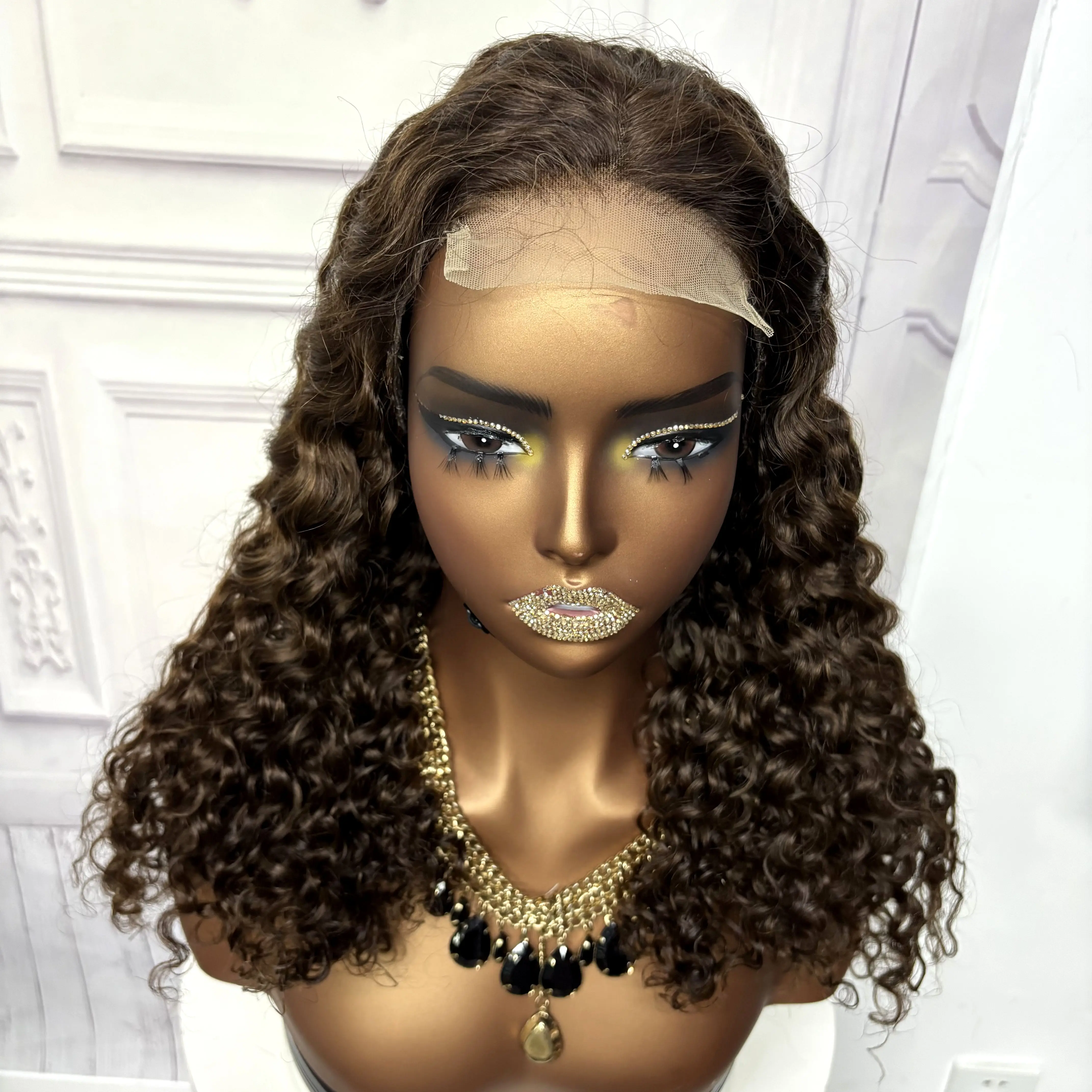 22inch Ombre Brown Water Wave Human Hair Wig 280% 4x4 Transparent Lace Closure Colored Deep Wave Curly Hair Wigs For Black Women