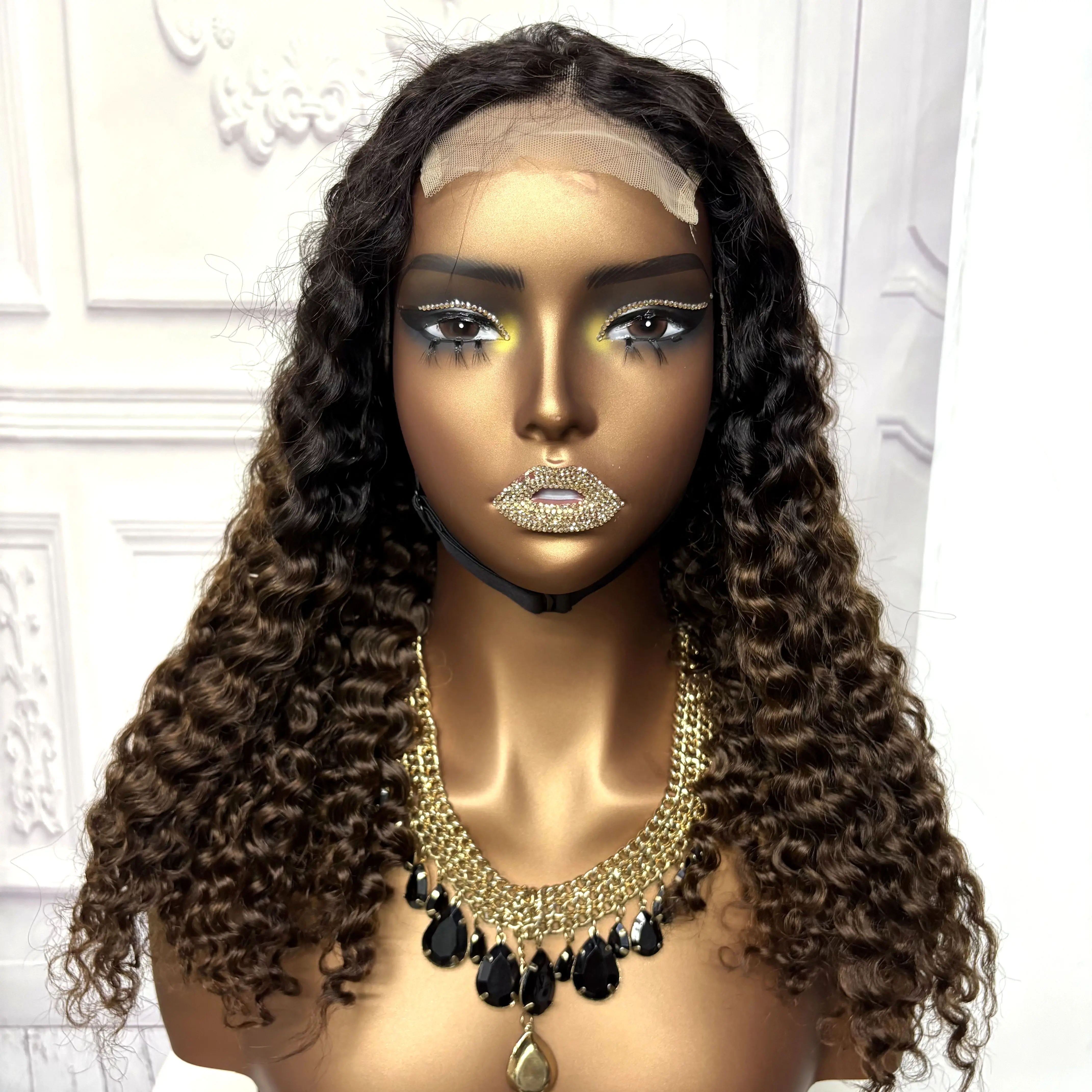 22inch Ombre Brown Water Wave Human Hair Wig 280% 4x4 Transparent Lace Closure Colored Deep Wave Curly Hair Wigs For Black Women