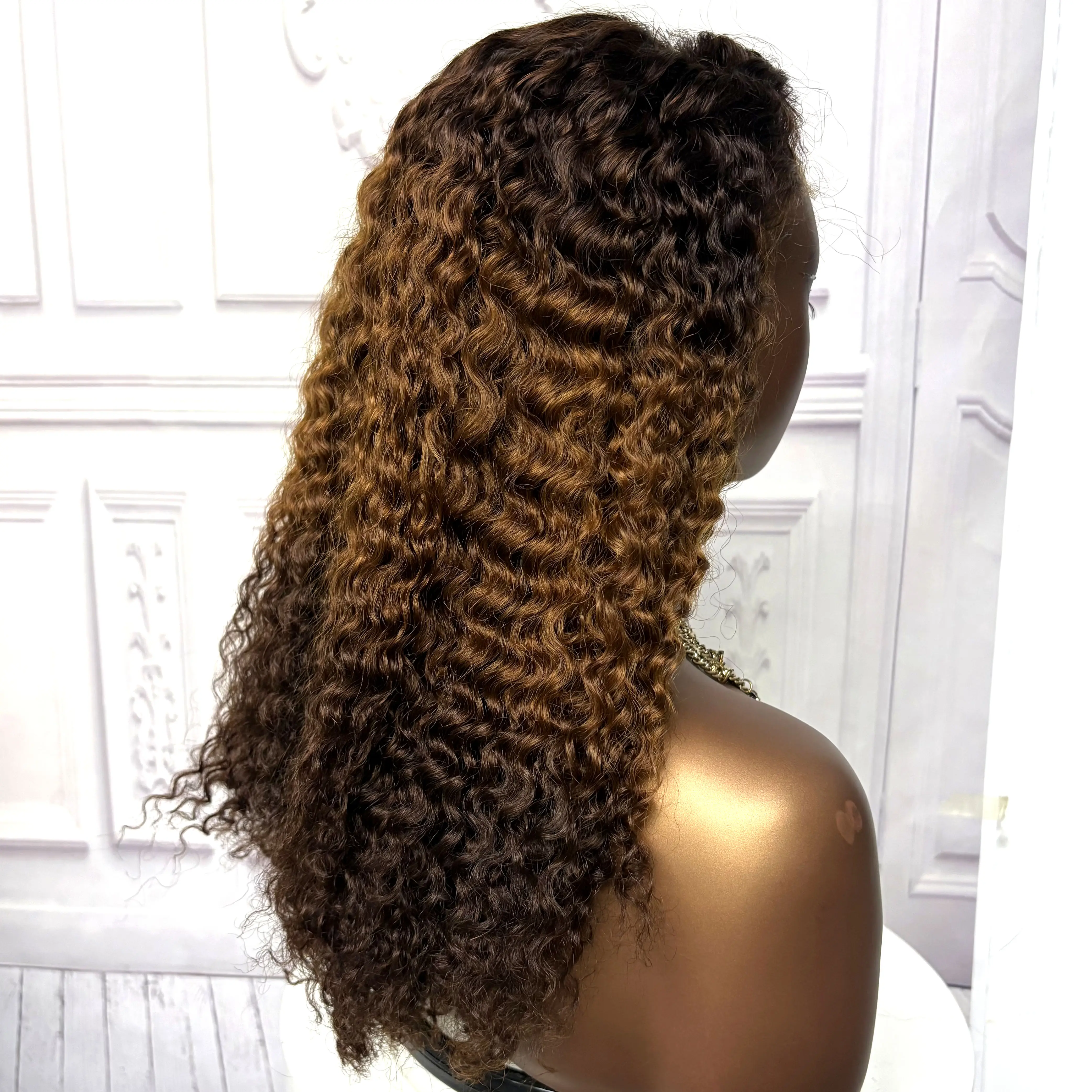 22inch Ombre Brown Water Wave Human Hair Wig 280% 4x4 Transparent Lace Closure Colored Deep Wave Curly Hair Wigs For Black Women
