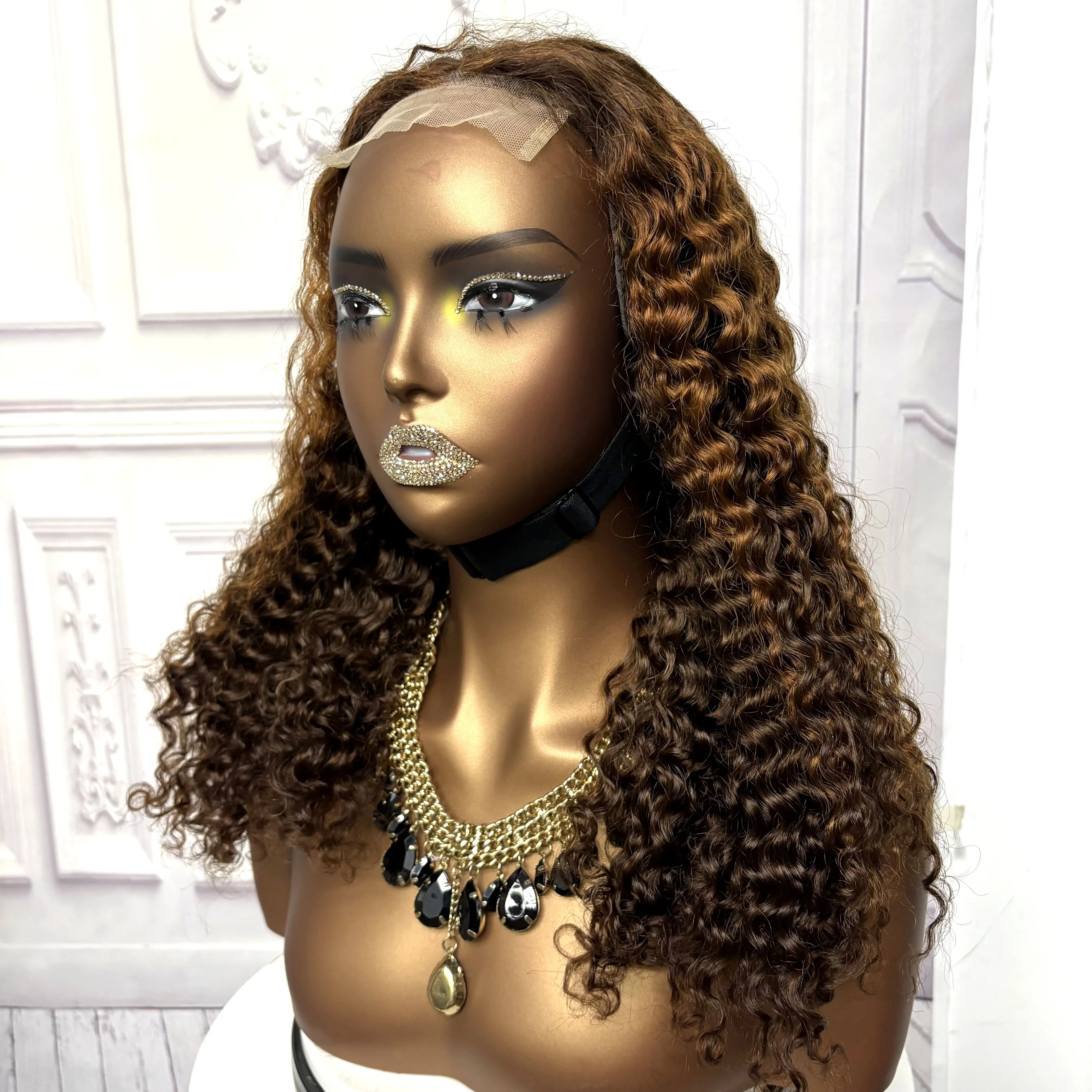 22inch Ombre Brown Water Wave Human Hair Wig 280% 4x4 Transparent Lace Closure Colored Deep Wave Curly Hair Wigs For Black Women