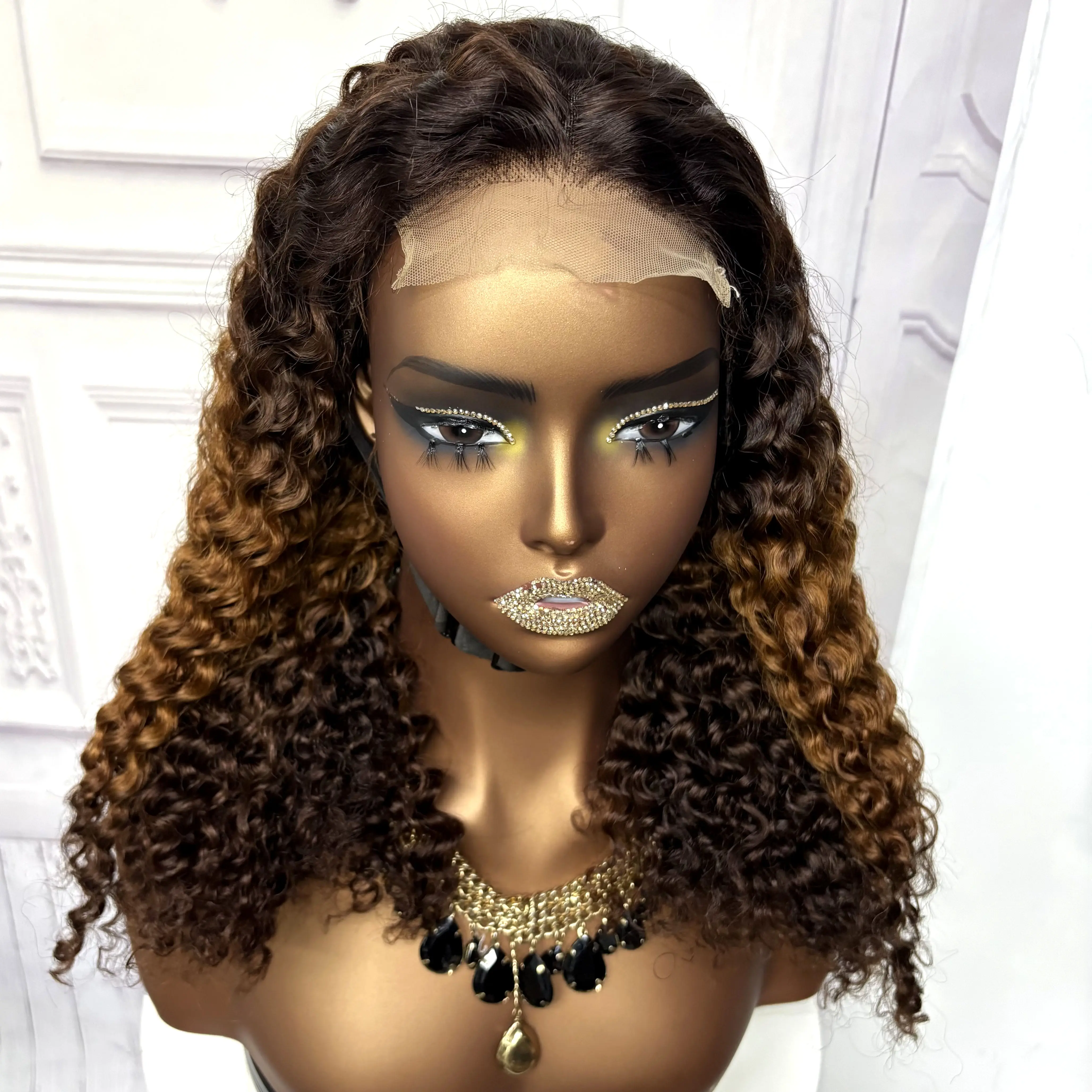 22inch Ombre Brown Water Wave Human Hair Wig 280% 4x4 Transparent Lace Closure Colored Deep Wave Curly Hair Wigs For Black Women