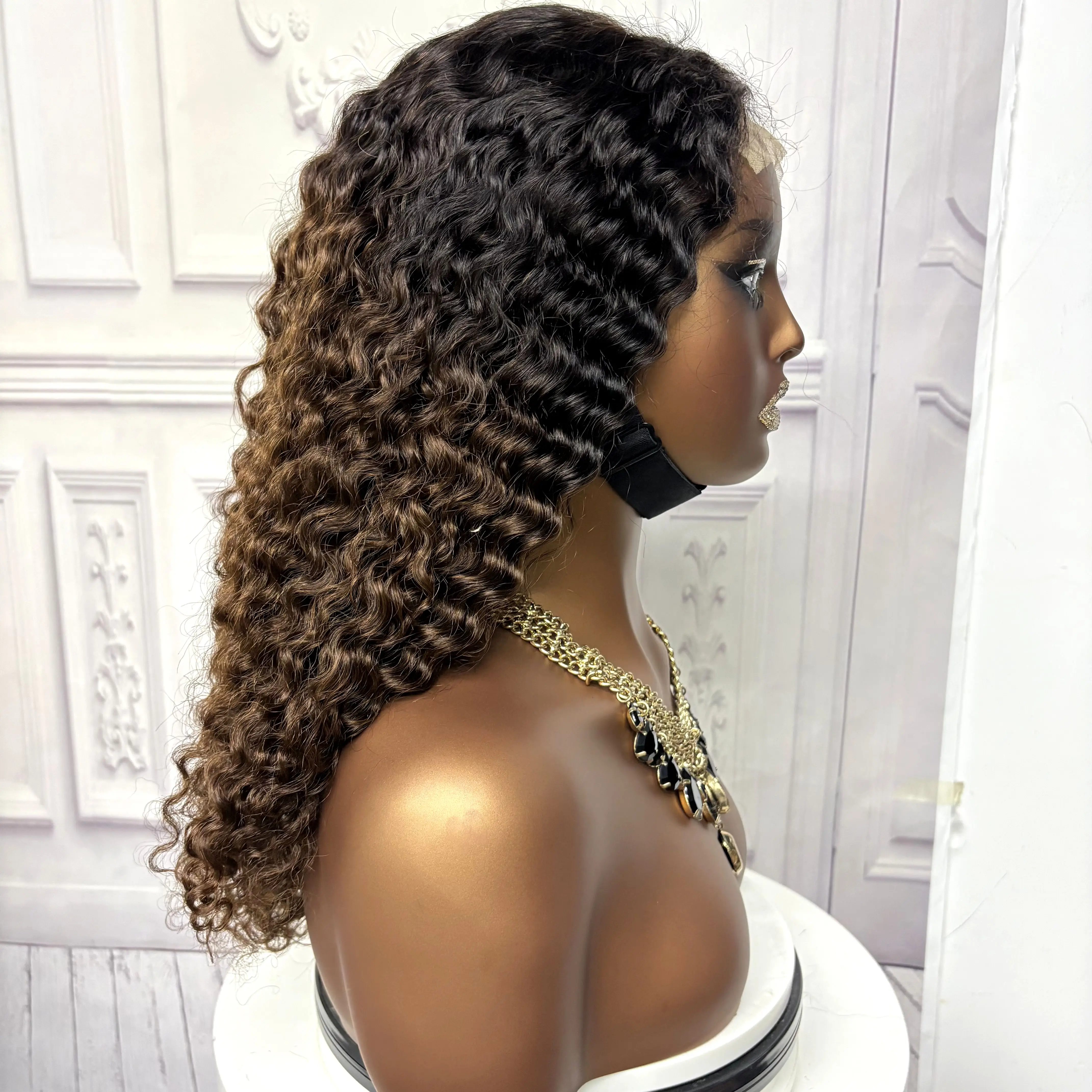 22inch Ombre Brown Water Wave Human Hair Wig 280% 4x4 Transparent Lace Closure Colored Deep Wave Curly Hair Wigs For Black Women