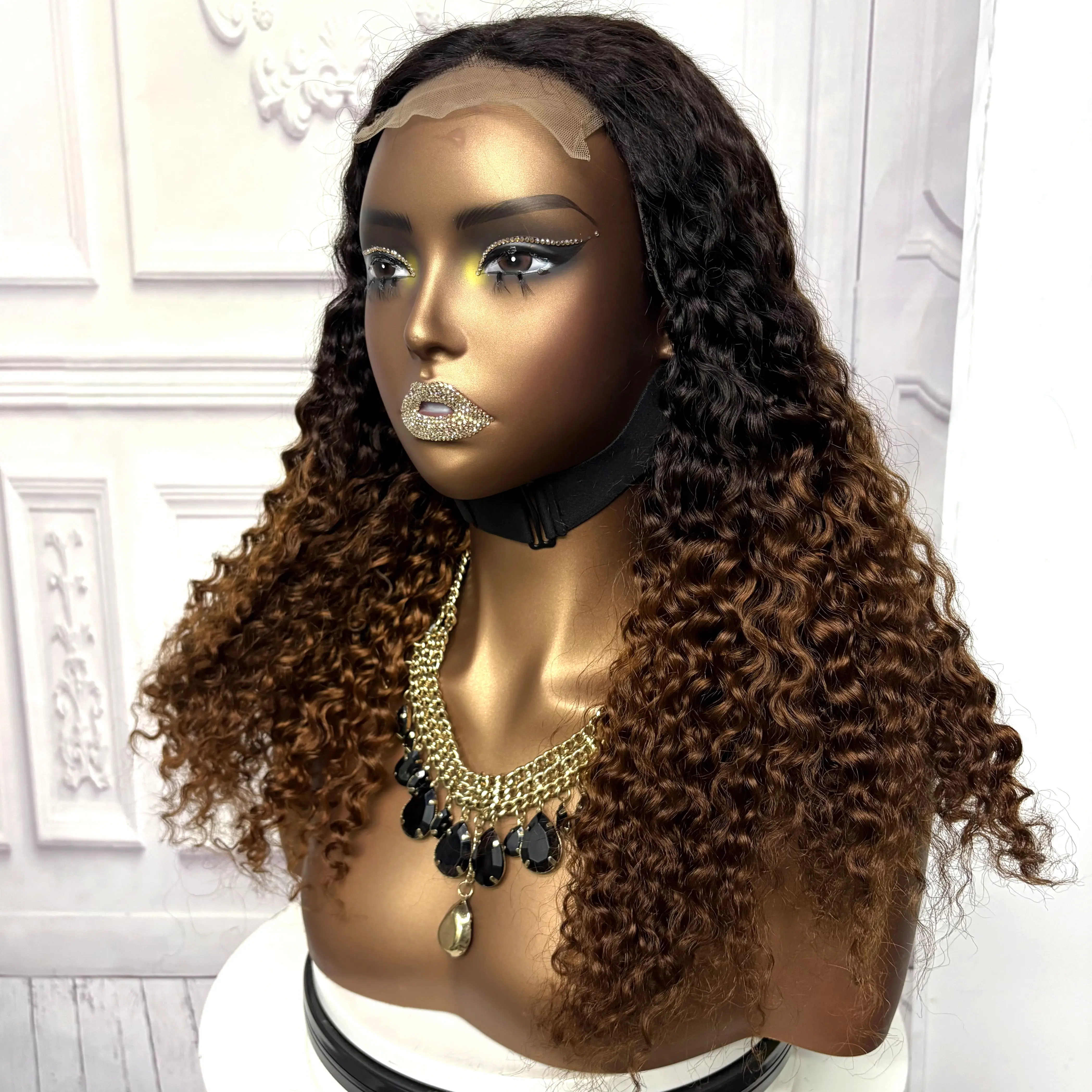 22inch Ombre Brown Water Wave Human Hair Wig 280% 4x4 Transparent Lace Closure Colored Deep Wave Curly Hair Wigs For Black Women