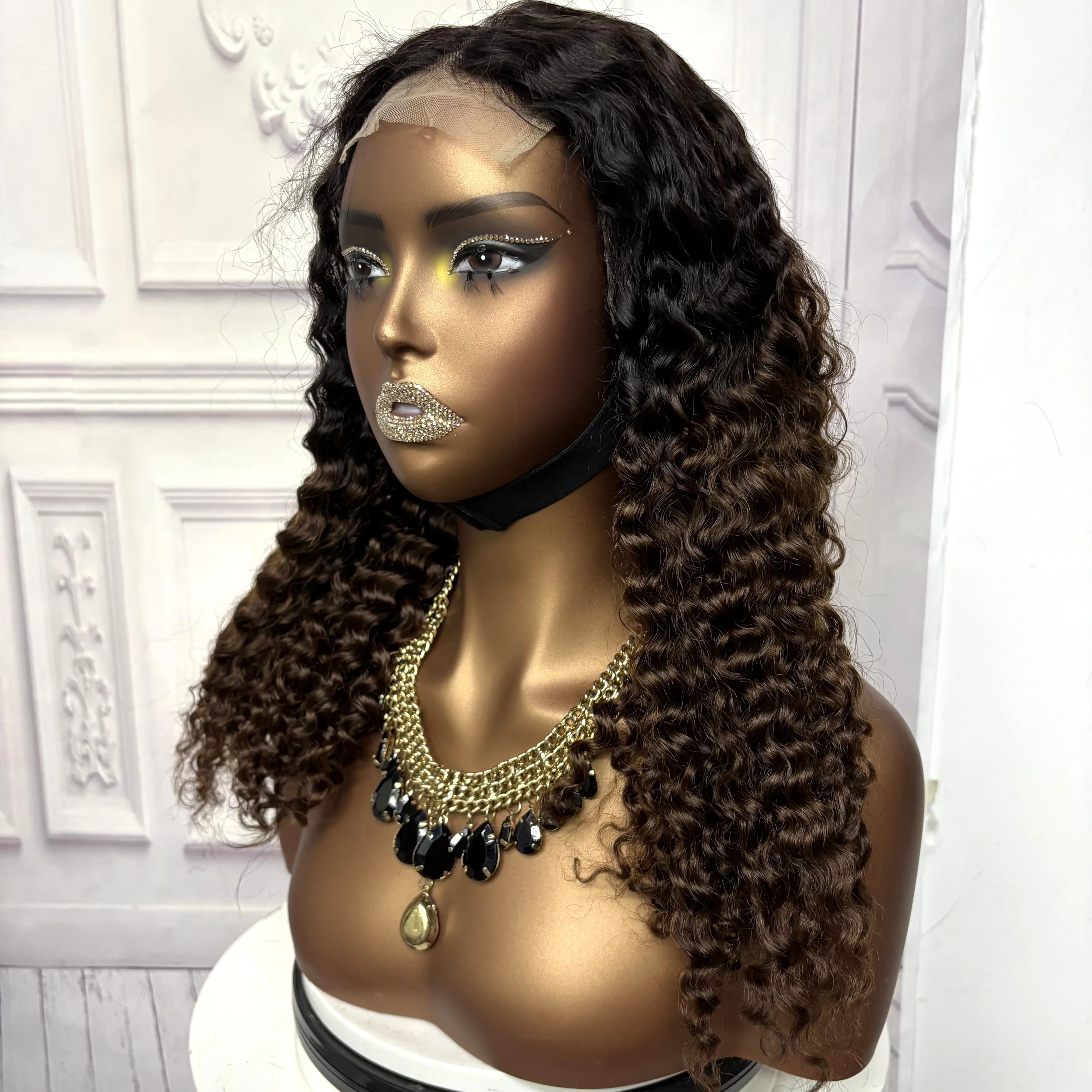 22inch Ombre Brown Water Wave Human Hair Wig 280% 4x4 Transparent Lace Closure Colored Deep Wave Curly Hair Wigs For Black Women