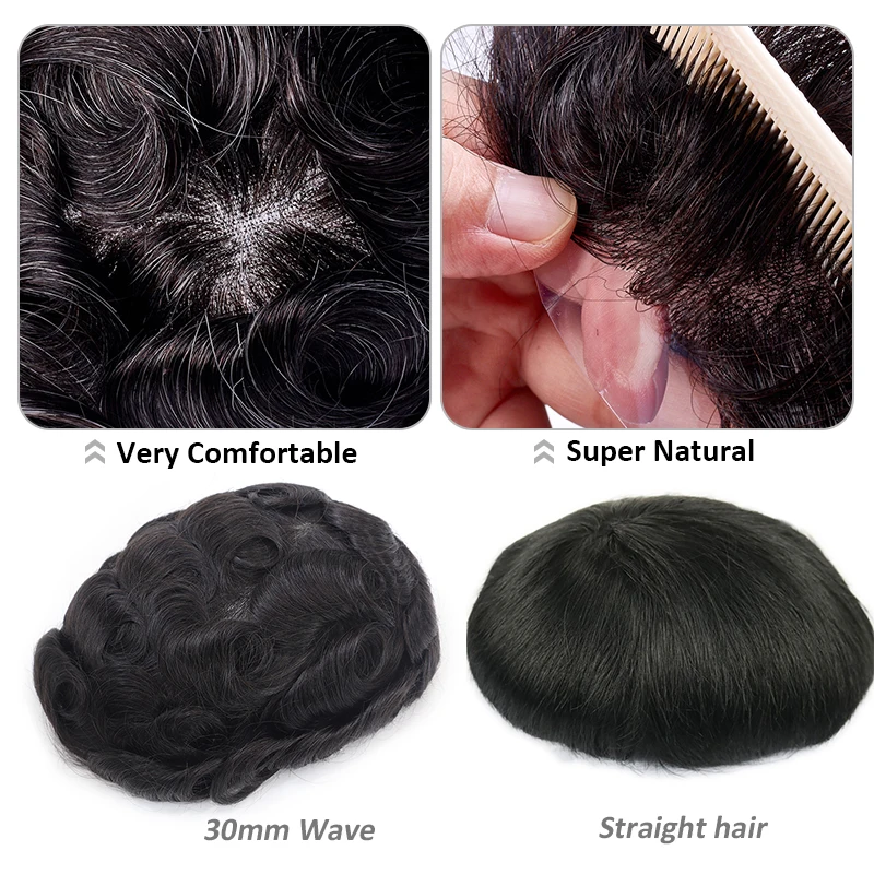 Men Toupee Full PU 0.12-0.14cm ISKIN With Knots Men's Capillary Prosthesis Real Indian Human Hair Wig Wave Straight Hairpiece
