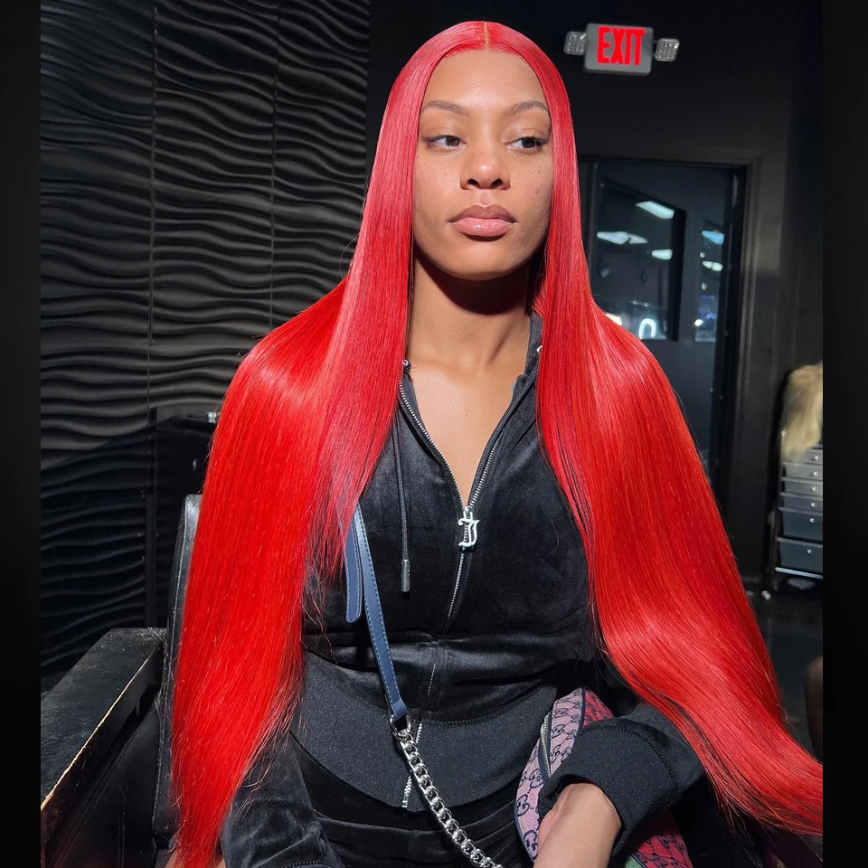 Premium 13x6 Hot Red Colored HD Lace Front Human hair Wigs Pre Plucked 220% Bone Straight Lace Frontal Human Hair Wig For Women