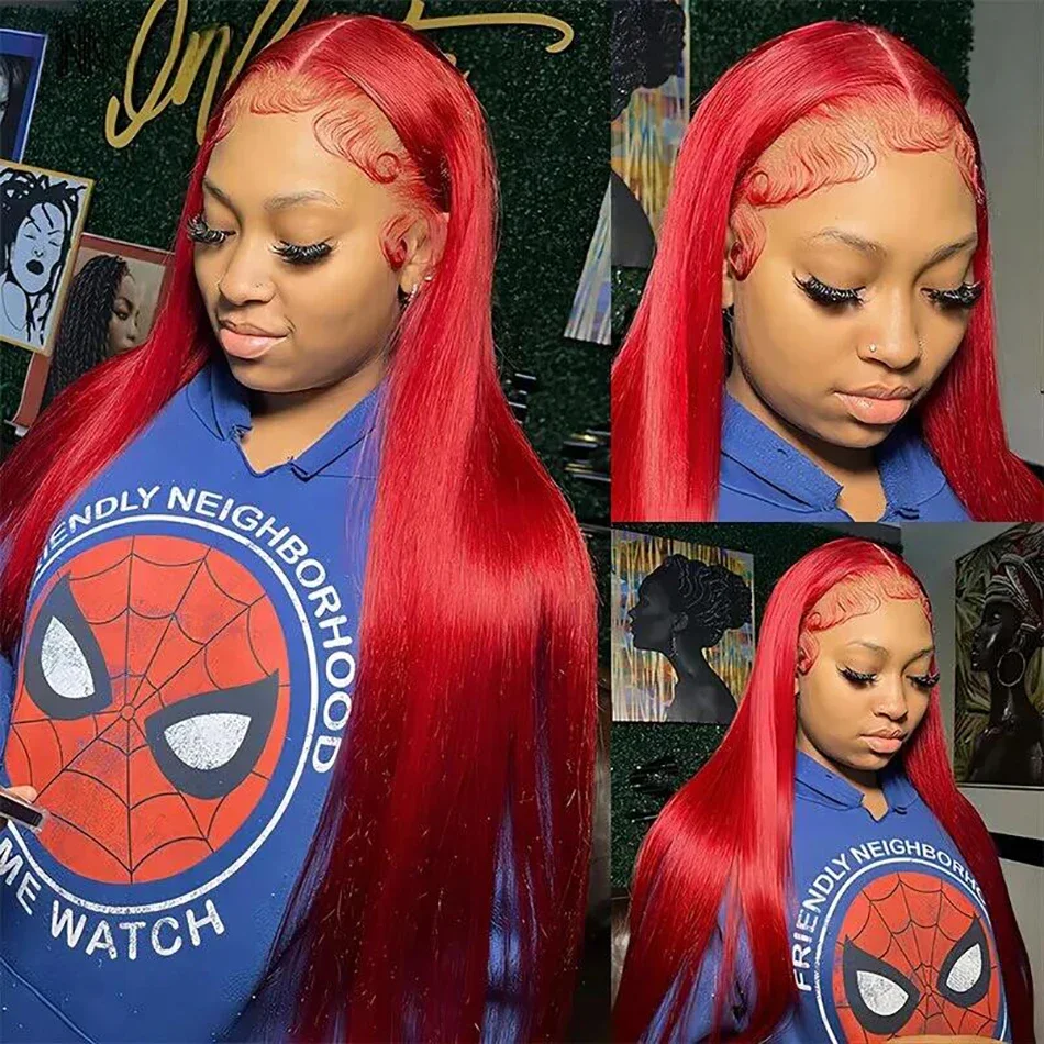 Premium 13x6 Hot Red Colored HD Lace Front Human hair Wigs Pre Plucked 220% Bone Straight Lace Frontal Human Hair Wig For Women