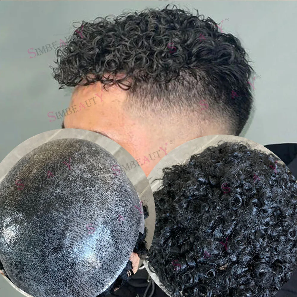 15mm Curly Mens Wig Durable Skin Toupee African American Human Hair Microskin Full Poly PU Afro Wave Male Capillary Prosthesis