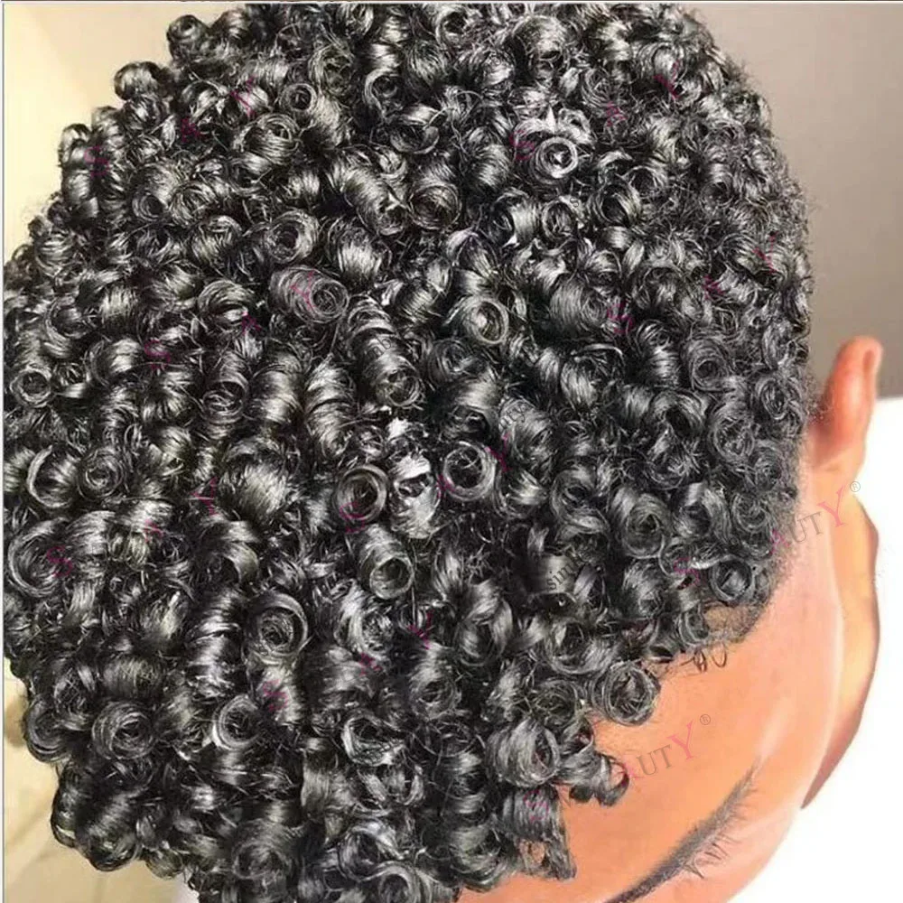 15mm Curly Mens Wig Durable Skin Toupee African American Human Hair Microskin Full Poly PU Afro Wave Male Capillary Prosthesis