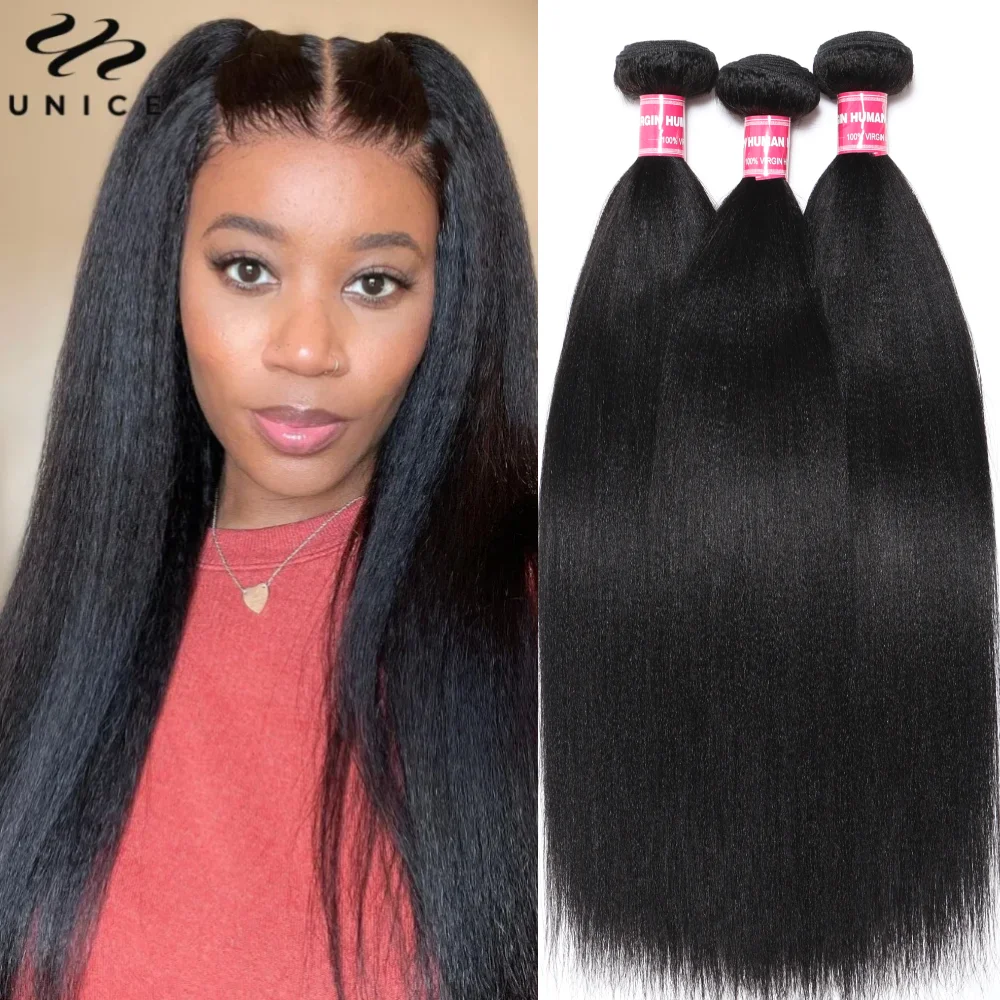 UNice Hair Yaki Straight Hair Bundles 1/3/PCS Deal 100% Human Hair 10A Grade Natural Color Sew In Bundles Quick Weaves