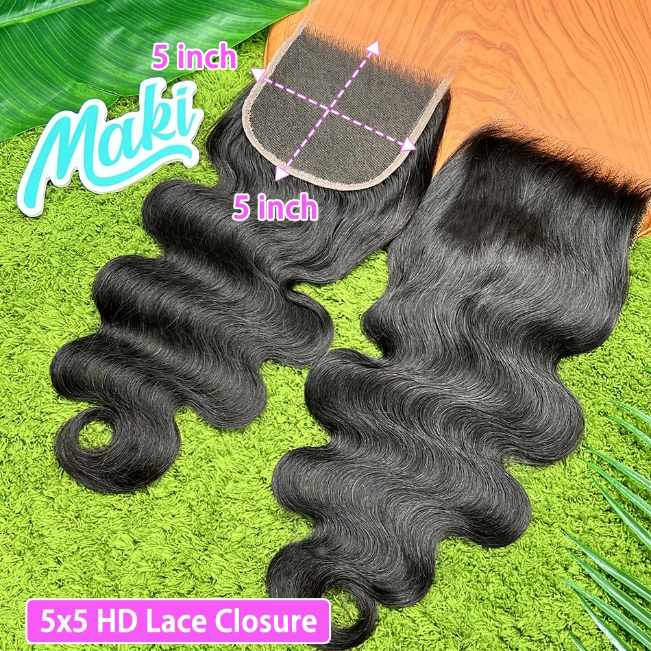 5x5 HD Transparent Lace Closure Body Wave Human Hair Preplucked Bleached Knots 1B Natural Black Color Invisible Lace Virgin Hair