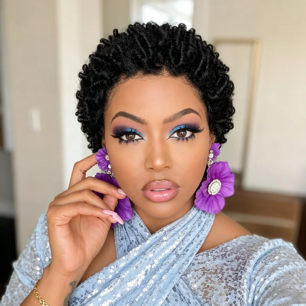 13x4 Lace Front Human Hair Short Spring Twist Wig, Natural Black Tiny Screw Curls Pixie Wig For African American Women Daily Wea
