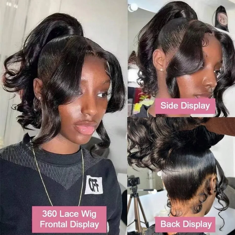 Body Wave 360 Full Lace Wigs Human Hair Pre Plucked HD 180% Density Brazilian Ponytail Hair Wavy Wig Pre-cut Drawstring Lace Brazilian Ponytail Hair Wavy