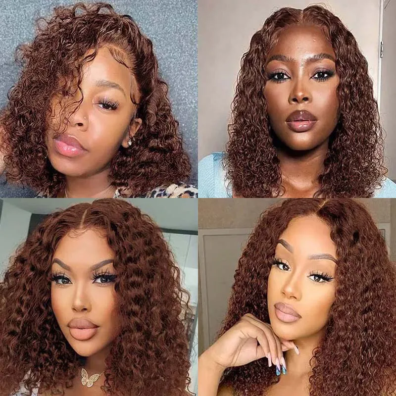 Deep Wave Women Brown Human Hair Bob Wig HD Lace Frontal With Preplucked Hairline 13x4 Lace Base Bob Wigs