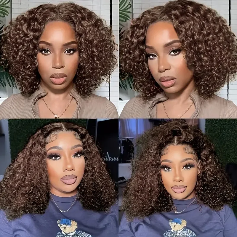 Deep Wave Women Brown Human Hair Bob Wig HD Lace Frontal With Preplucked Hairline 13x4 Lace Base Bob Wigs