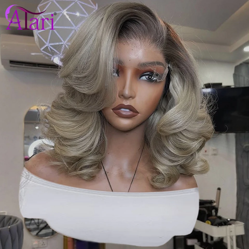 Brown Roots Ash Ombre Wavy Human Hair Bob Wigs 180 Density 13x4 Full Lace Frontal Upgrade Body Wave Short Ash Blonde Bob Wig