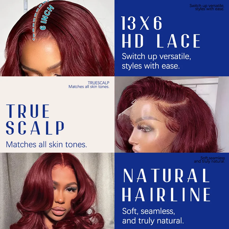 Halloween Wig Long Anime Cosplay Body Wave Wine Red Burgundy 99J Human Hair Wigs 200% Density 40 Inches 13x6 13x4 HD Transparent Lace Frontal Wig Brazilian Hair For Women Pre Plucked