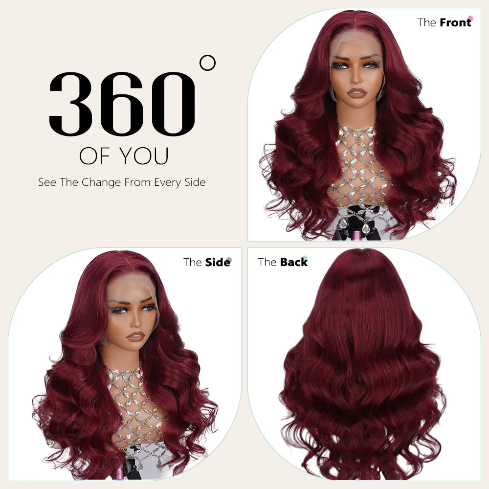 Halloween Wig Long Anime Cosplay Body Wave Wine Red Burgundy 99J Human Hair Wigs 200% Density 40 Inches 13x6 13x4 HD Transparent Lace Frontal Wig Brazilian Hair For Women Pre Plucked
