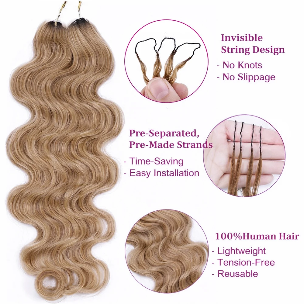 #27 Honey Blonde Body Wave Pre-Separated Miracle Knot Crochet Human Hair Invisible Knotless Feather Crochet Hair Extensions 100% Virgin Remy Human Hair Soft Natural Wavy Braiding Hair Quick Install Lightweight Protective Braids For Ladies Daily Wear