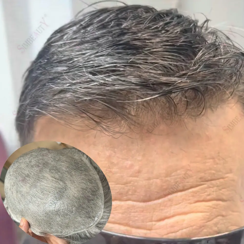 Super Natural Hairline 80Density 0.02mm Ultra Thin Skin Undetectable Vloop Men Toupee 1b20 520# Black Grey Human Hair Prosthesis