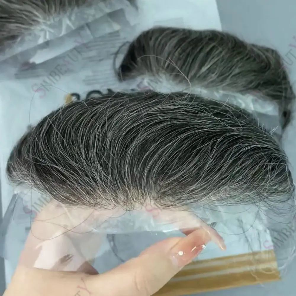 Super Natural Hairline 80Density 0.02mm Ultra Thin Skin Undetectable Vloop Men Toupee 1b20 520# Black Grey Human Hair Prosthesis