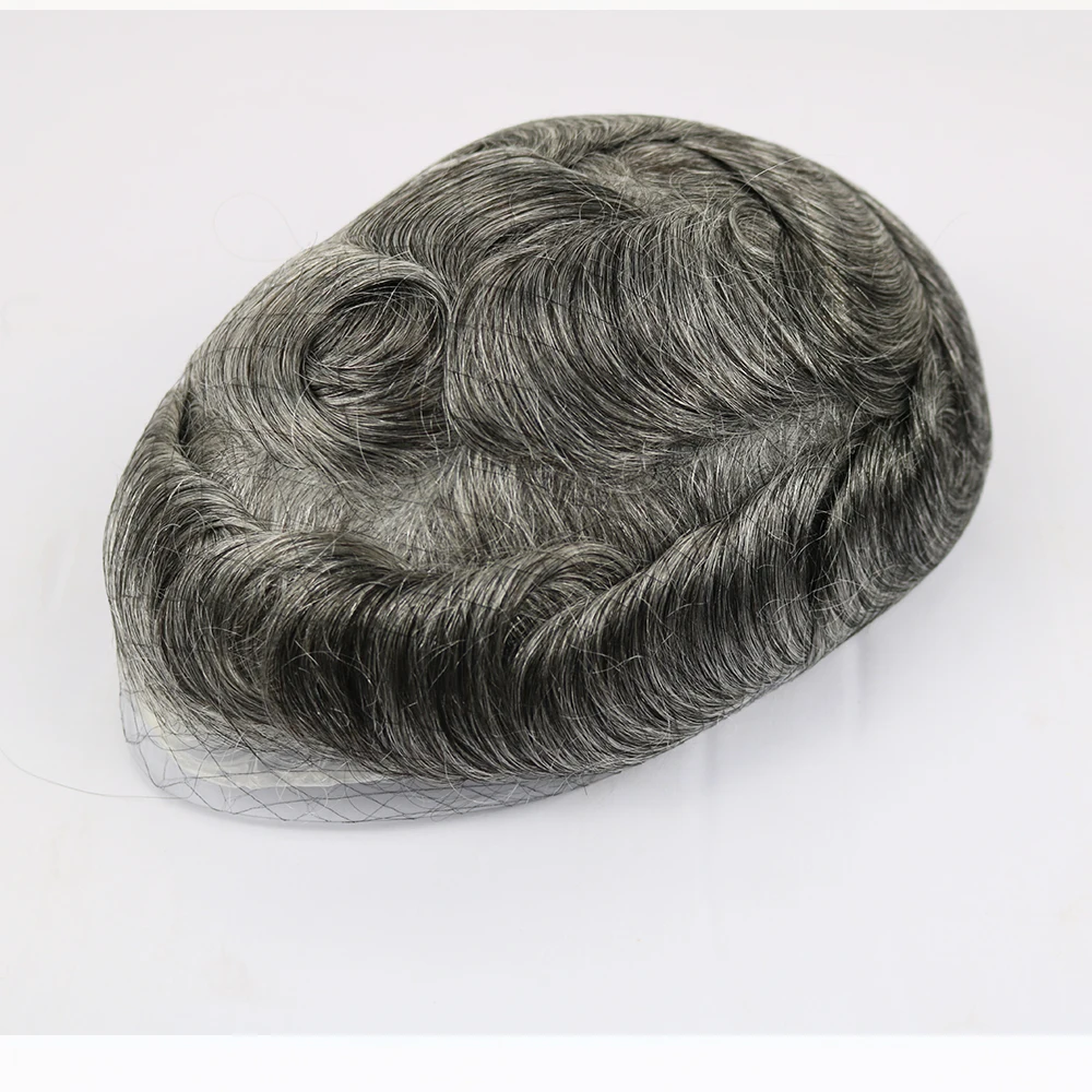 Super Natural Hairline 80Density 0.02mm Ultra Thin Skin Undetectable Vloop Men Toupee 1b20 520# Black Grey Human Hair Prosthesis