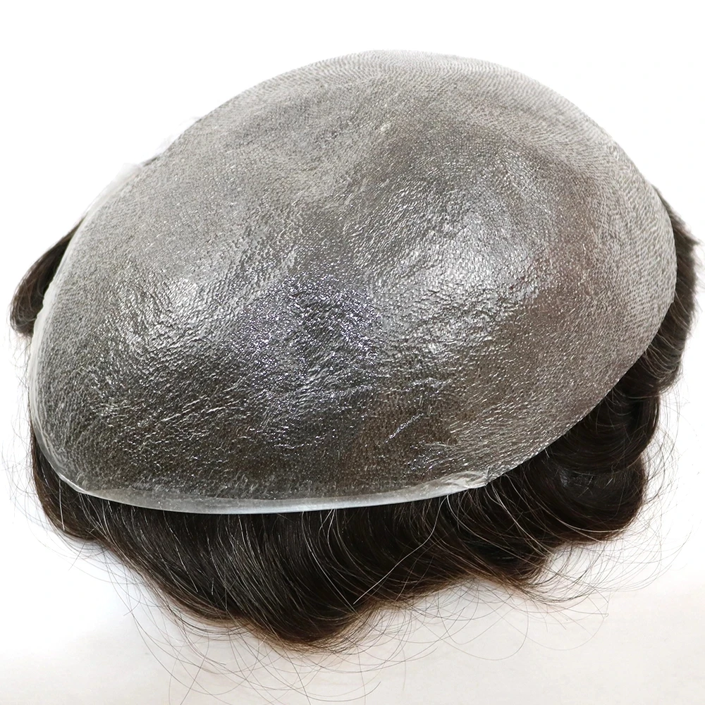 Super Natural Hairline 80Density 0.02mm Ultra Thin Skin Undetectable Vloop Men Toupee 1b20 520# Black Grey Human Hair Prosthesis