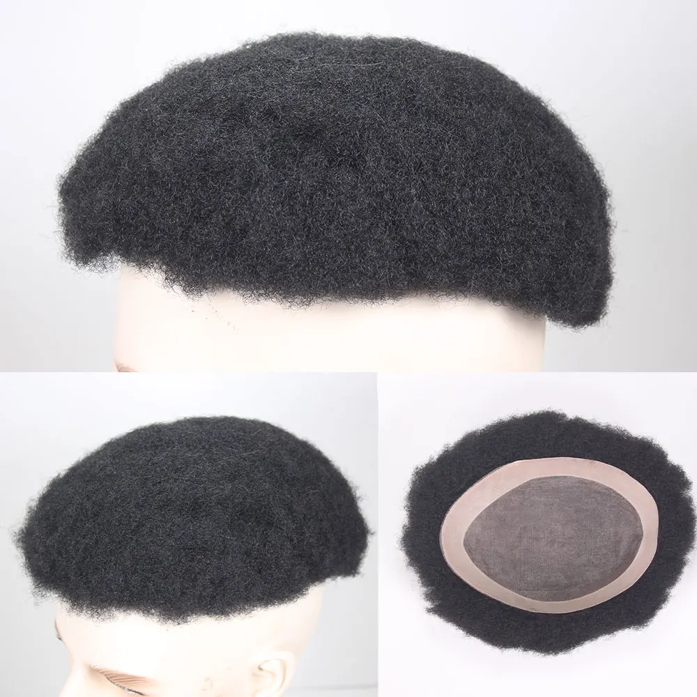Afro Black Mens Toupee 4MM Man Wigs 100%Human Hair African American Systems Afro Curly Hair Pieces Replacement 1# Jet Black 8x10