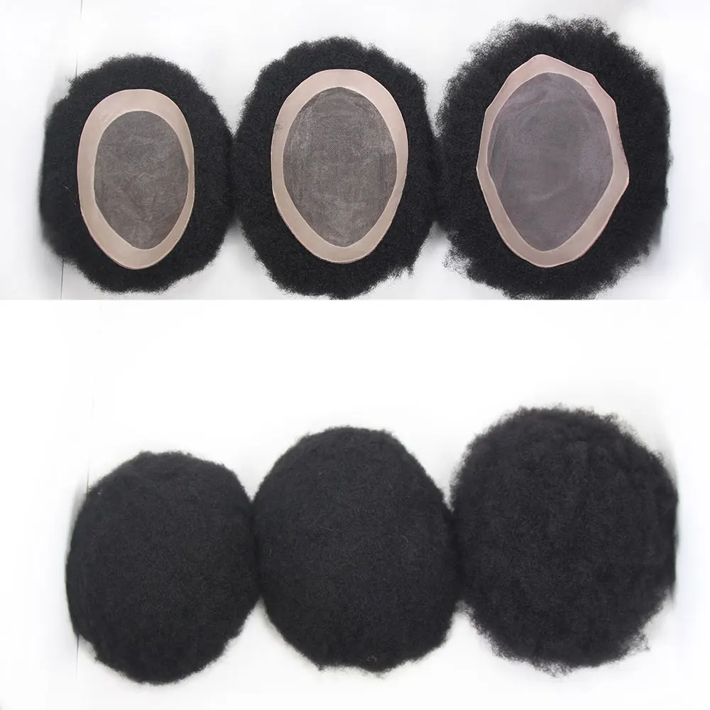 Afro Black Mens Toupee 4MM Man Wigs 100%Human Hair African American Systems Afro Curly Hair Pieces Replacement 1# Jet Black 8x10