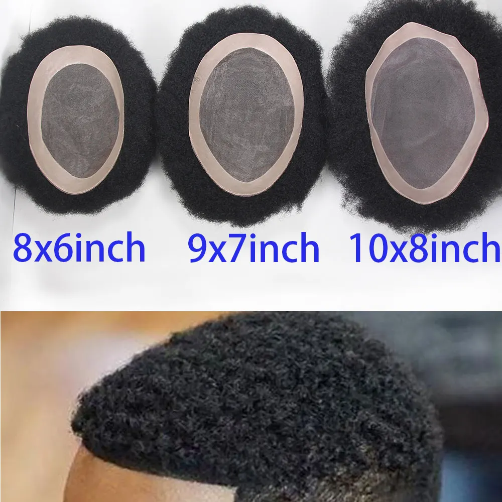 Afro Black Mens Toupee 4MM Man Wigs 100%Human Hair African American Systems Afro Curly Hair Pieces Replacement 1# Jet Black 8x10