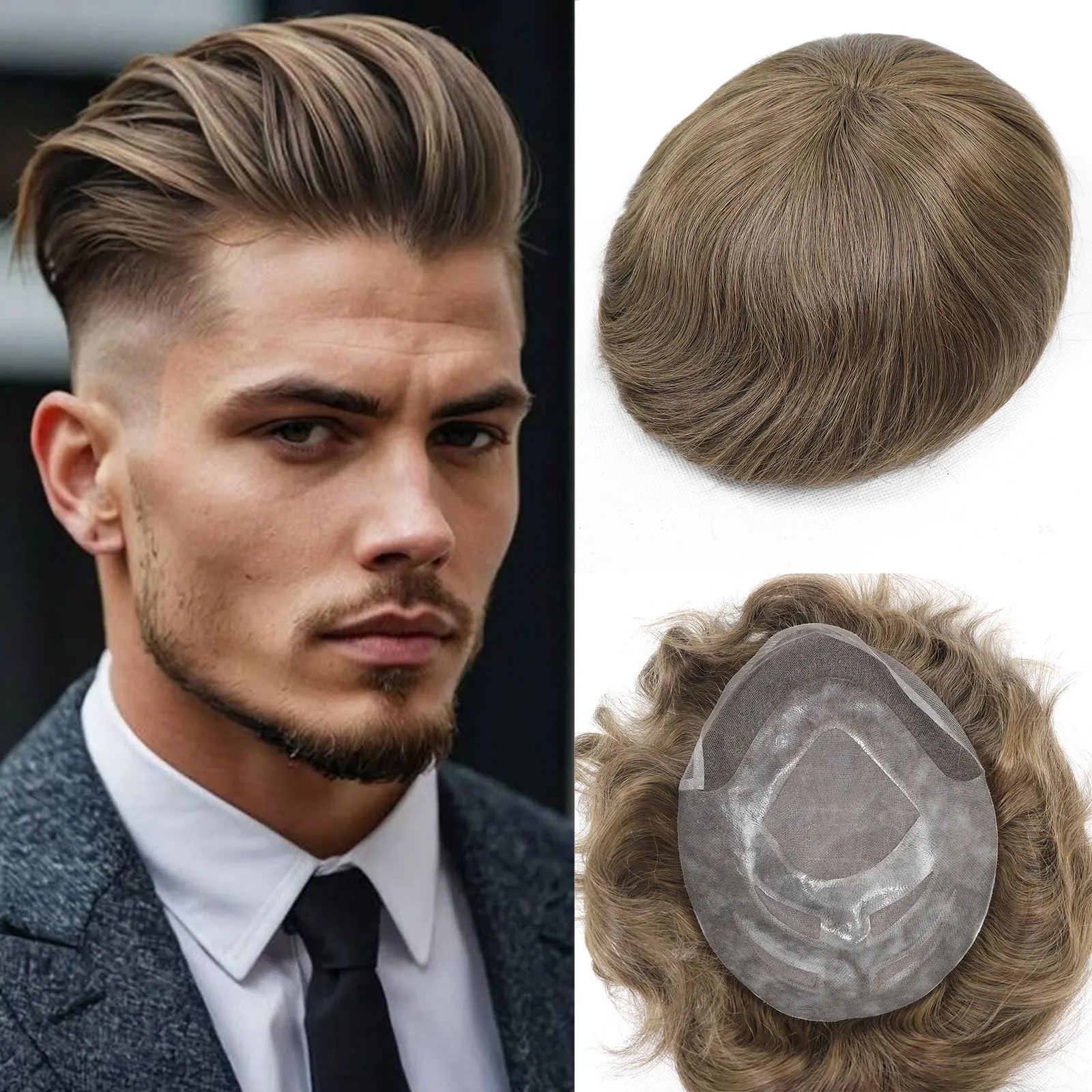 Brown Toupee For Men Human Hair System For Man Breathable Lace With PU Men's Hairpiece Units Male Hair Replacement Prosthesis