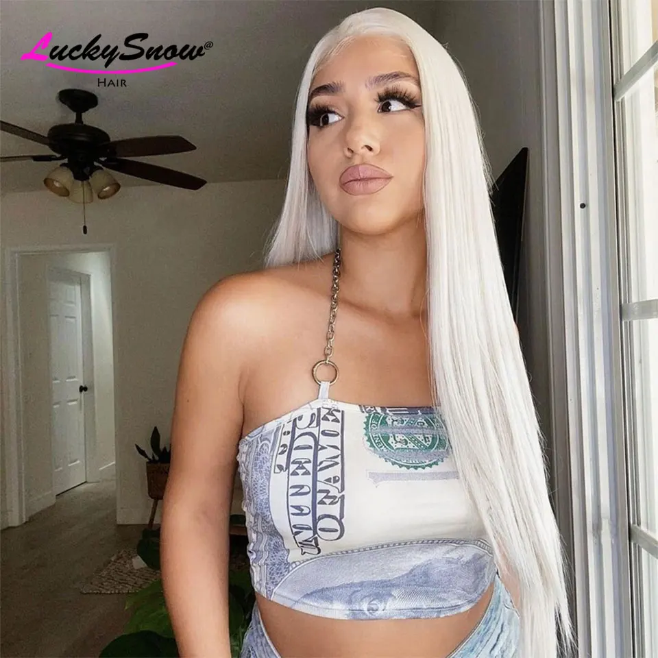 Colored White Straight High Quality Brazilian Human Hair Wig 180 Density Transparent 13x4 Lace Frontal Wigs For Women Cosplay
