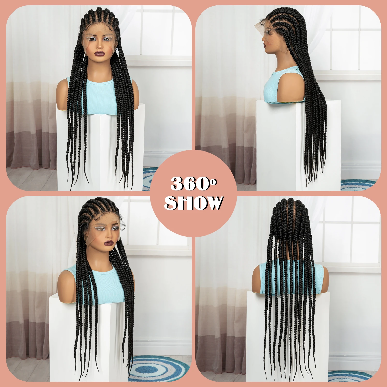 32In Full Lace Cornrow Braided Wigs Synthetic Braiding Hair Wigs Knotless Lace Frontal Braids Wig with Baby Hair for Black Women