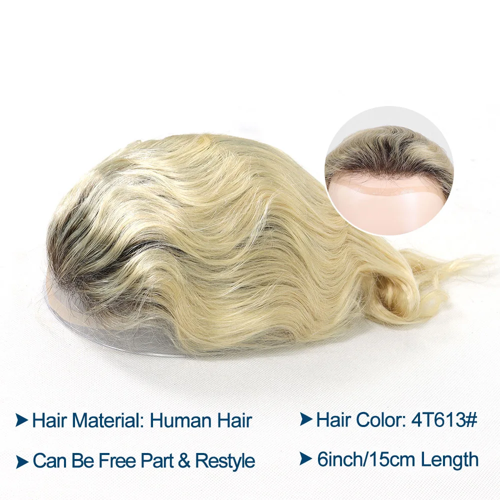 4T613 Ombre Blonde Toupee for Men Human Hair Capillary Prosthesis Lace Front Toupee Dark Roots Male Hair System Hairpiece