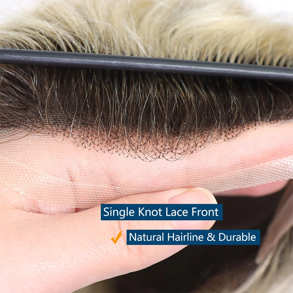 4T613 Ombre Blonde Toupee for Men Human Hair Capillary Prosthesis Lace Front Toupee Dark Roots Male Hair System Hairpiece