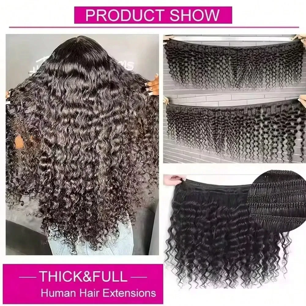 QIYING Deep Wave Bundles With 4x4 Lace Closure 12A 100% Virgin Human Hair Weave Extensions Free Part Natural Black Double Weft Curly Human Hair Bundles With Closure Local In Stock Fast Shipping For Women
