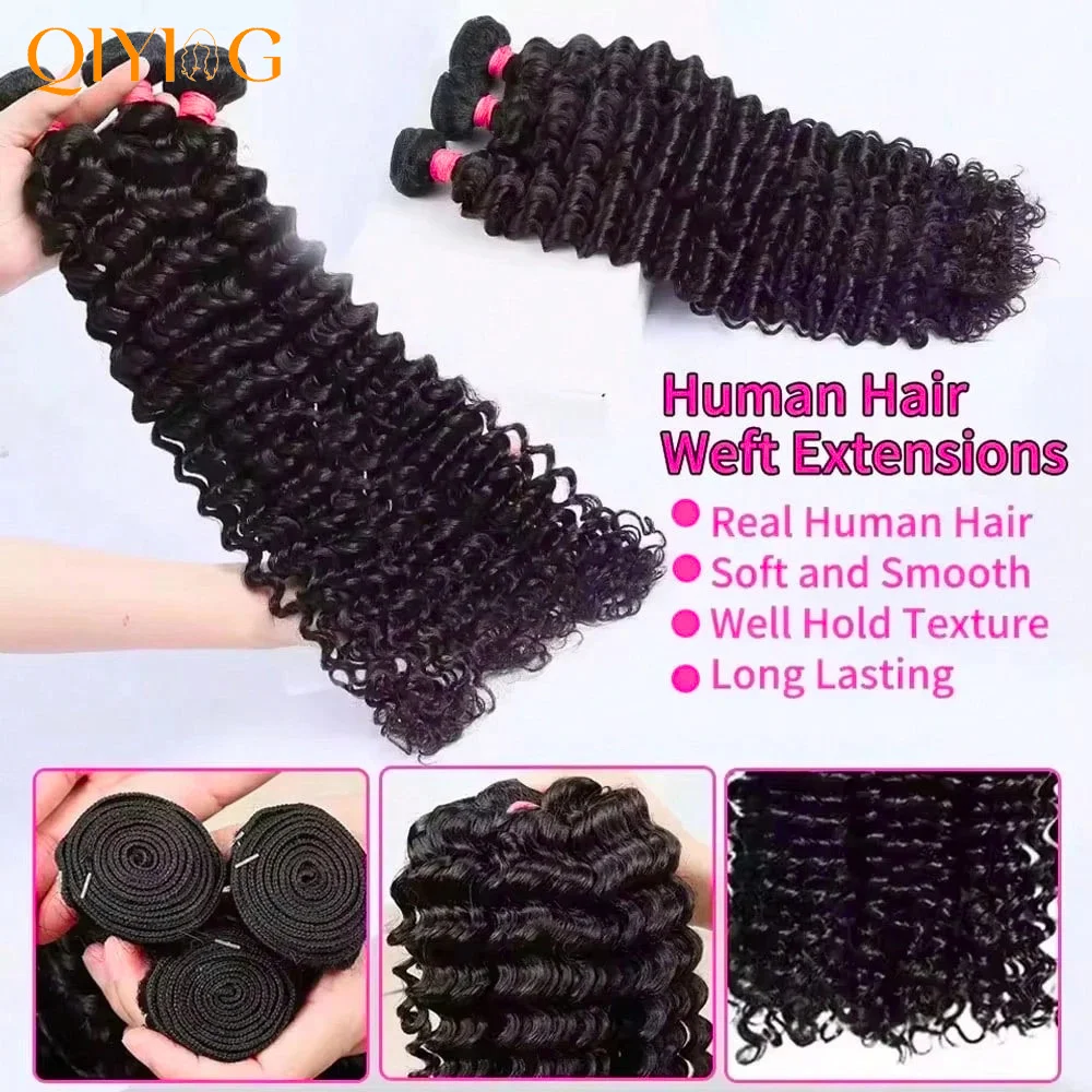 QIYING Deep Wave Bundles With 4x4 Lace Closure 12A 100% Virgin Human Hair Weave Extensions Free Part Natural Black Double Weft Curly Human Hair Bundles With Closure Local In Stock Fast Shipping For Women
