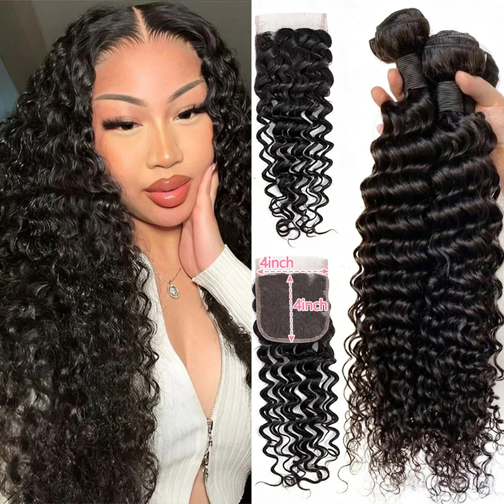 QIYING Deep Wave Bundles With 4x4 Lace Closure 12A 100% Virgin Human Hair Weave Extensions Free Part Natural Black Double Weft Curly Human Hair Bundles With Closure Local In Stock Fast Shipping For Women
