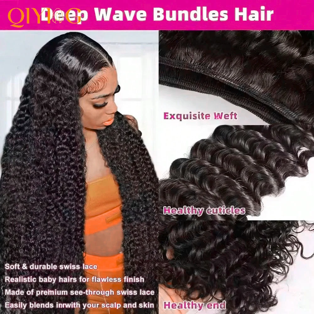 QIYING Deep Wave Bundles With 4x4 Lace Closure 12A 100% Virgin Human Hair Weave Extensions Free Part Natural Black Double Weft Curly Human Hair Bundles With Closure Local In Stock Fast Shipping For Women