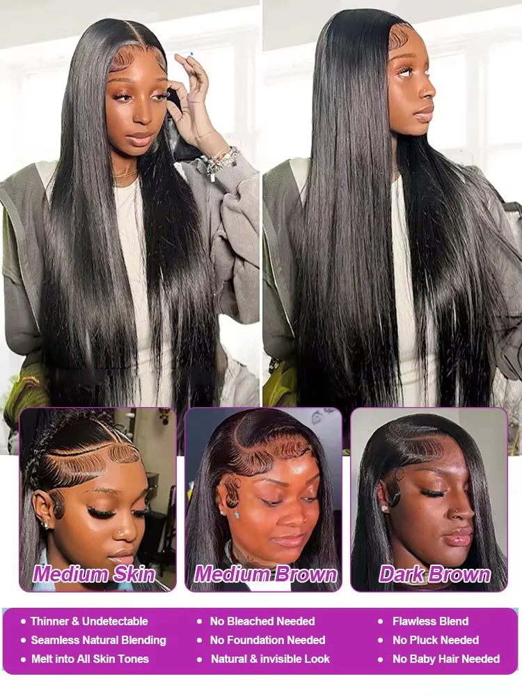 Premium 40 Inch Extra Long 250% Density Natural Black 13x4 HD Lace Frontal Bone Straight Silky Soft 13x6 Remy Human Hair Wigs Pre Plucked Hairline Invisible Bleached Knots Wear and Go 5x5 Glueless Closure Thick Full Ends